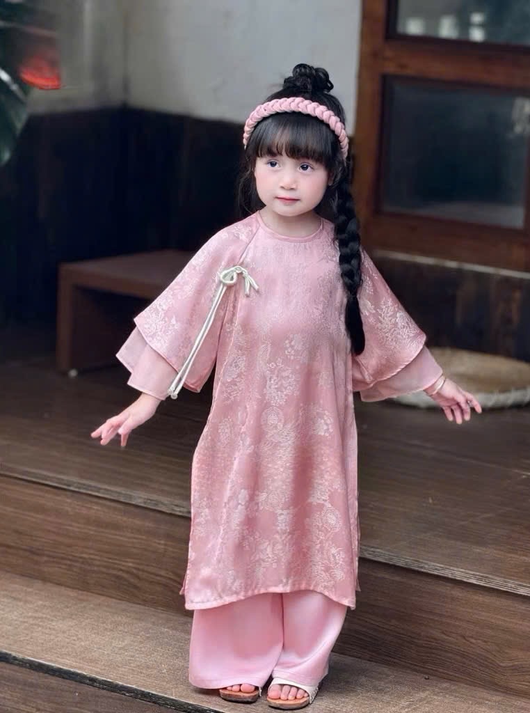 G843 - SET ÁO DÀI BÉ GÁI HỒNG VÂN LỤA TẾT NƠ