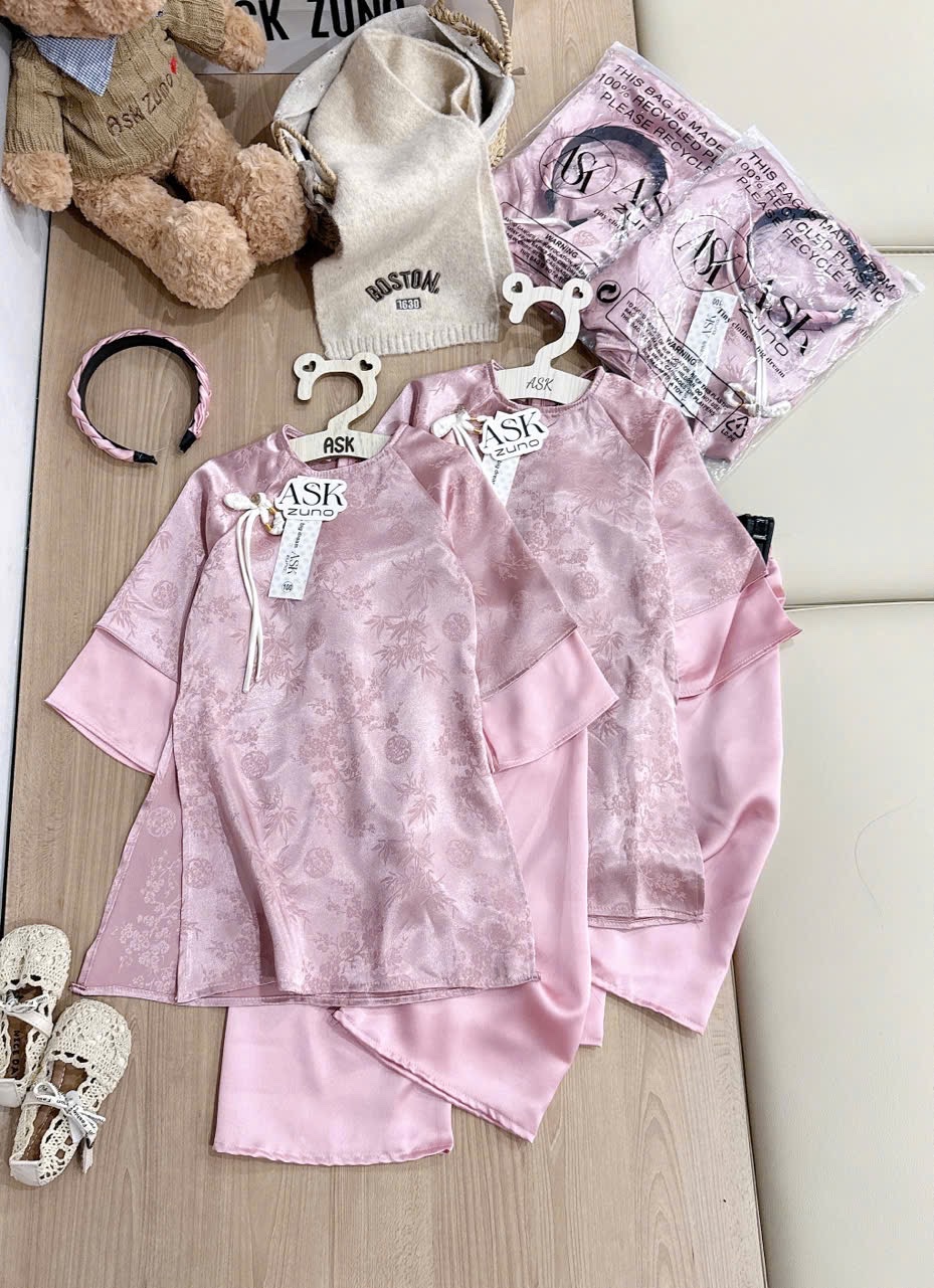 G843 - SET ÁO DÀI BÉ GÁI HỒNG VÂN LỤA TẾT NƠ