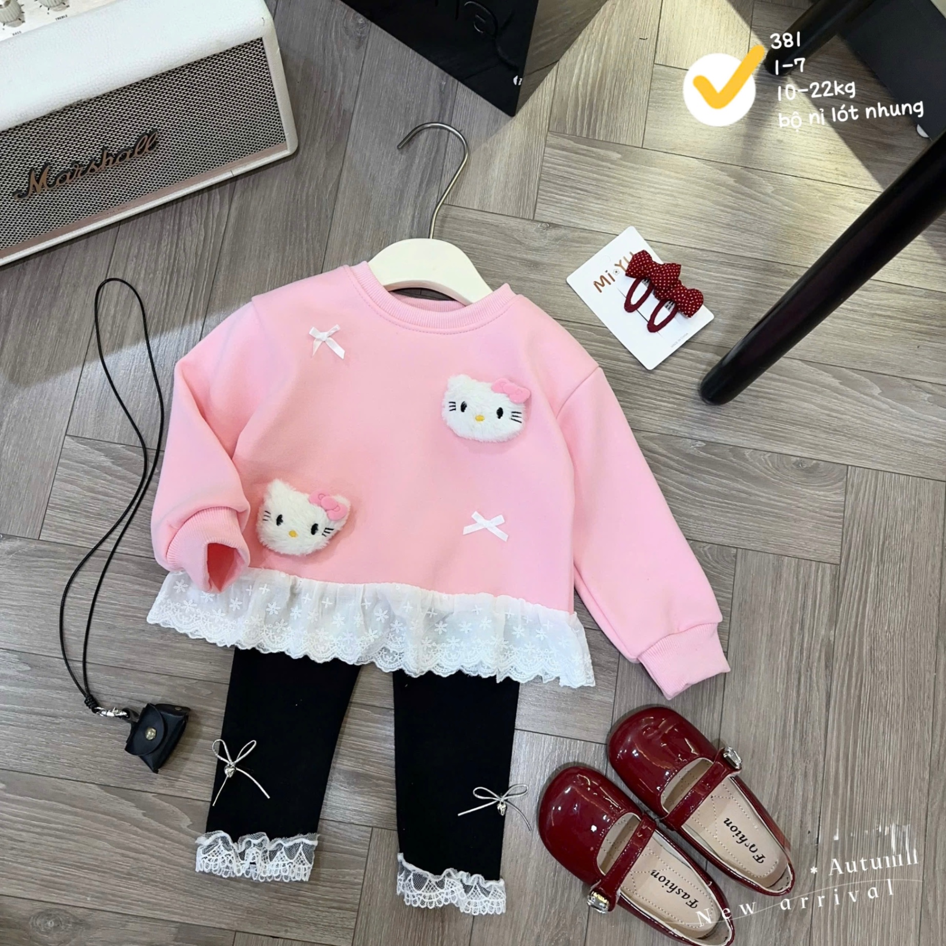 G840 - BỘ BÉ GÁI NỈ LÓT NHUNG KITTY NỔI PHỐI REN