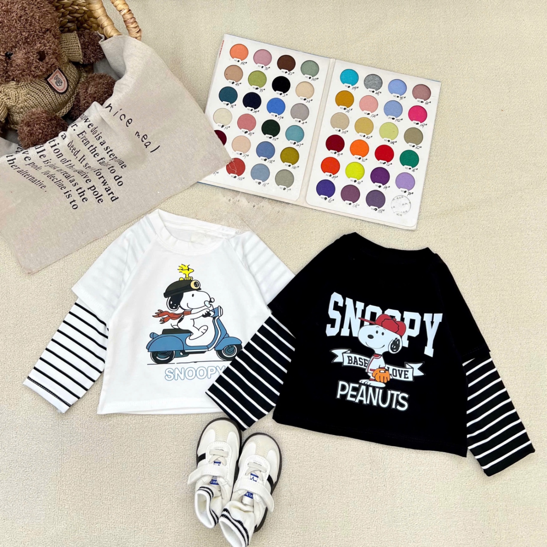 AB844 - SET 2 ÁO BÉ TRAI SNOOPY TAY KẺ đen trắng