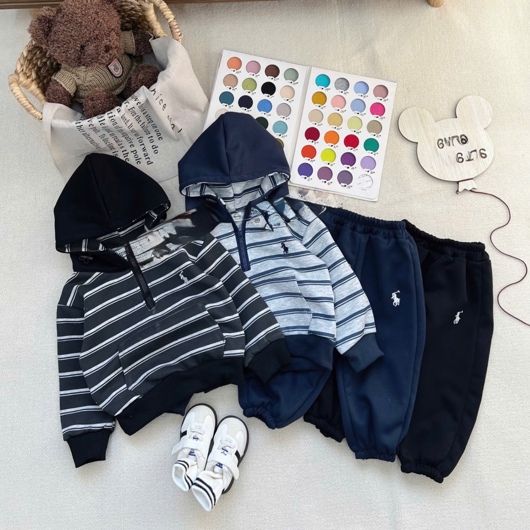 T063 - BỘ NỈ BÉ TRAI HOODIE MŨ KẺ CỔ KHOÁ KỊ SĨ