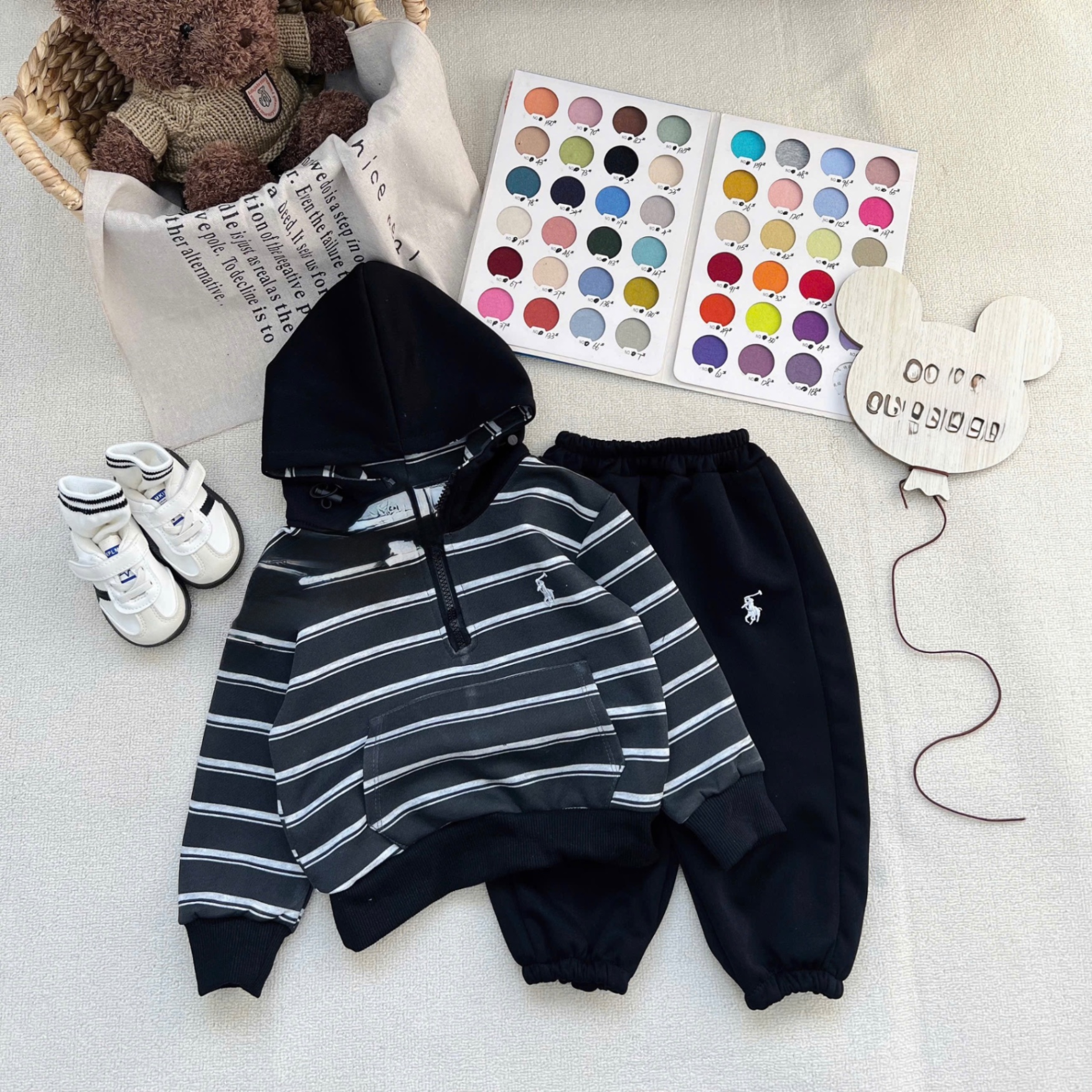 T063 - BỘ NỈ BÉ TRAI HOODIE MŨ KẺ CỔ KHOÁ KỊ SĨ