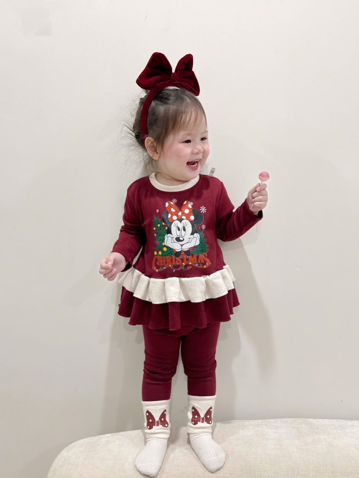 G851 - BỘ BÉ GÁI TĂM THỎ ĐỎ MICKEY MINNIE CHRISTMAS