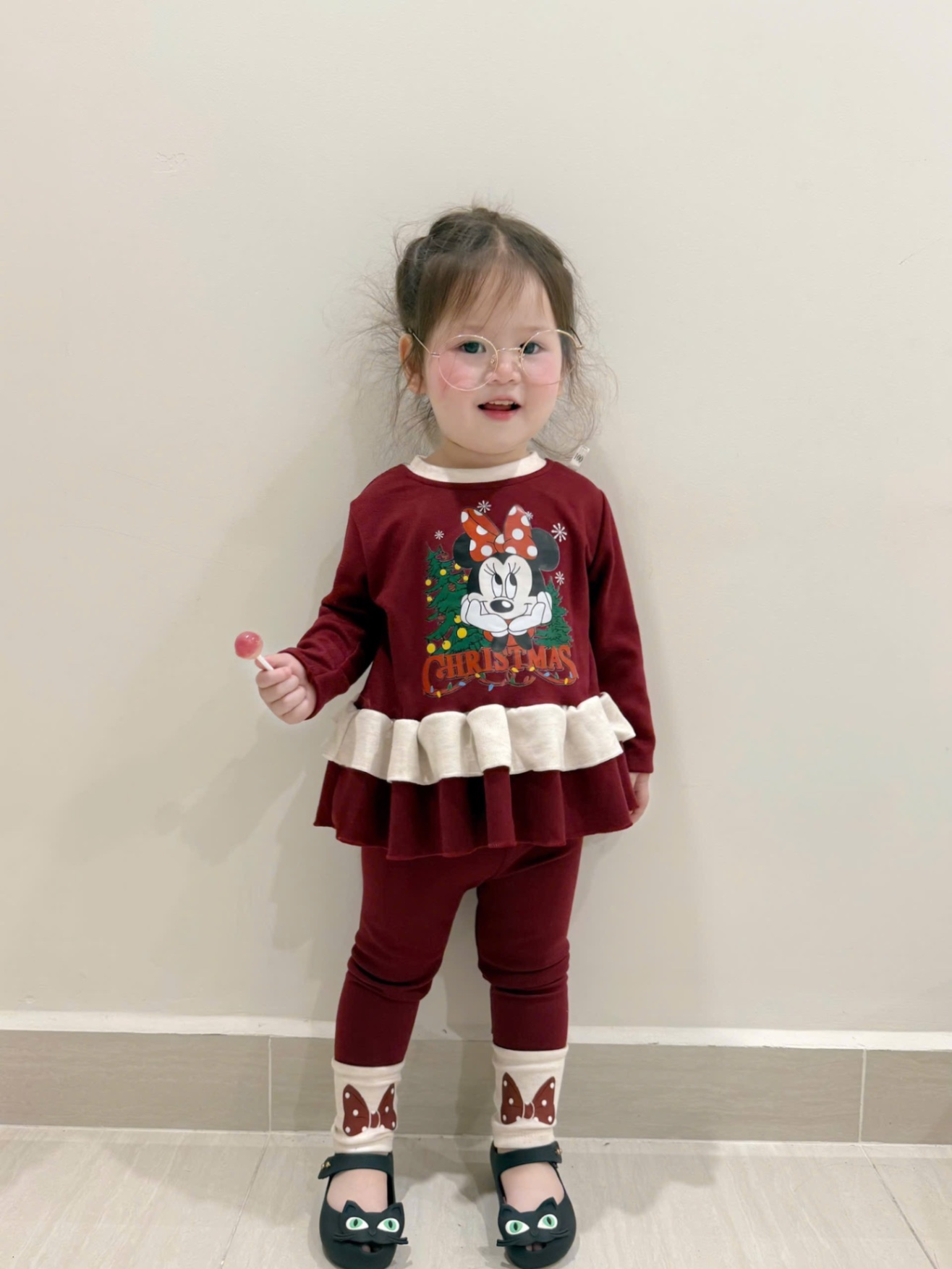 G851 - BỘ BÉ GÁI TĂM THỎ ĐỎ MICKEY MINNIE CHRISTMAS