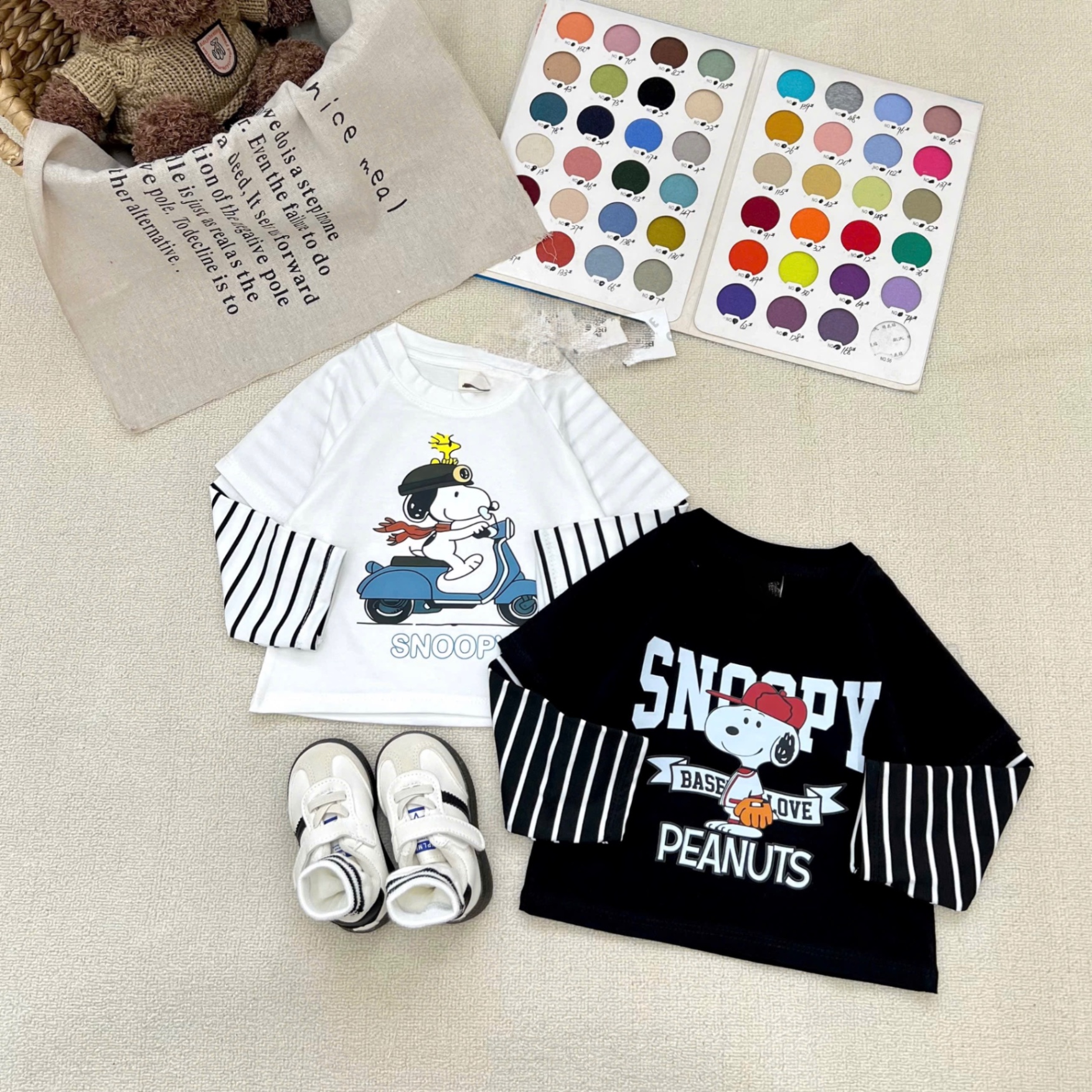 AB844 - SET 2 ÁO BÉ TRAI SNOOPY TAY KẺ đen trắng