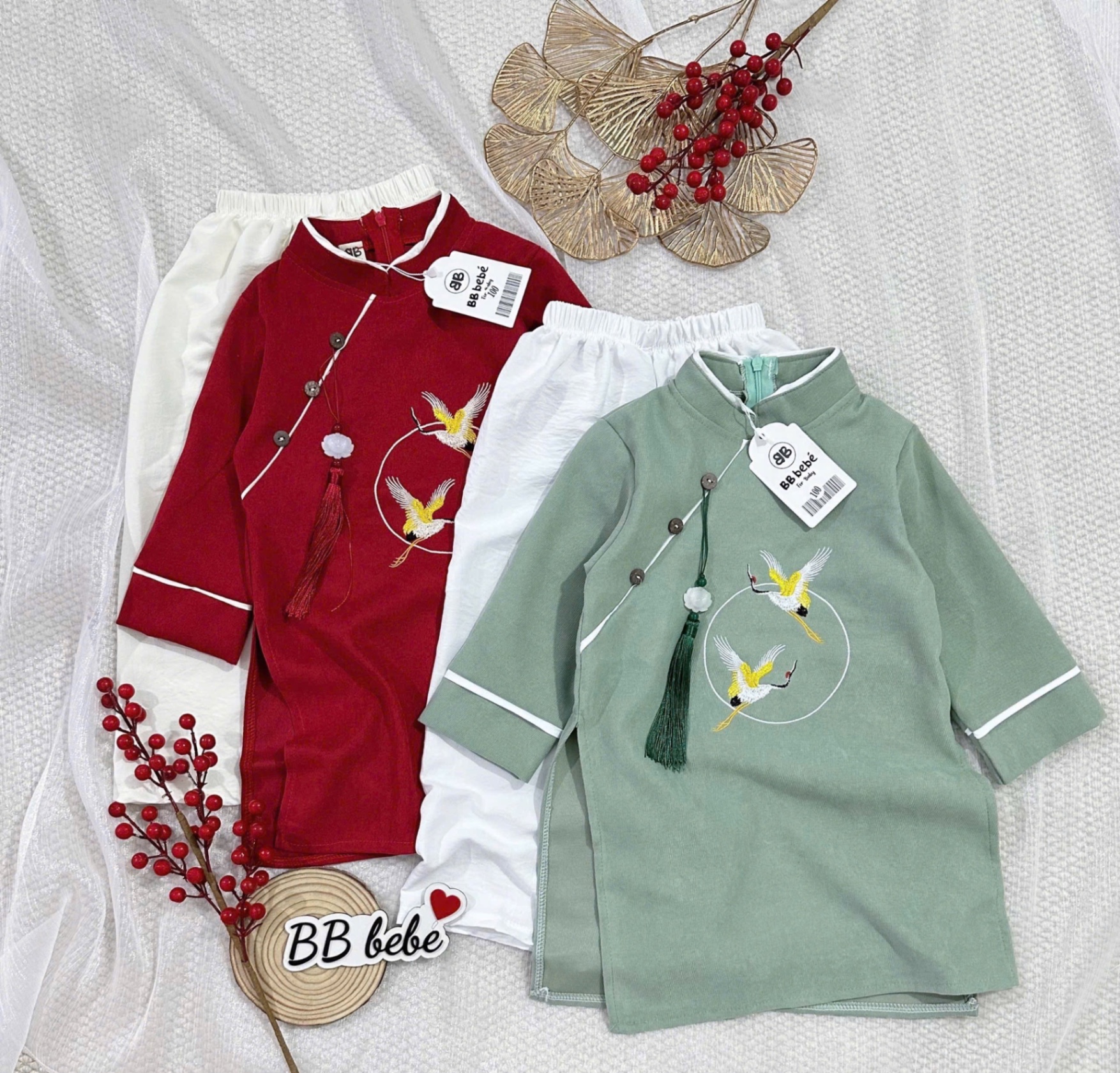 T057 - SET ÁO DÀI BÉ TRAI XANH ĐỎ THÊU HẠC