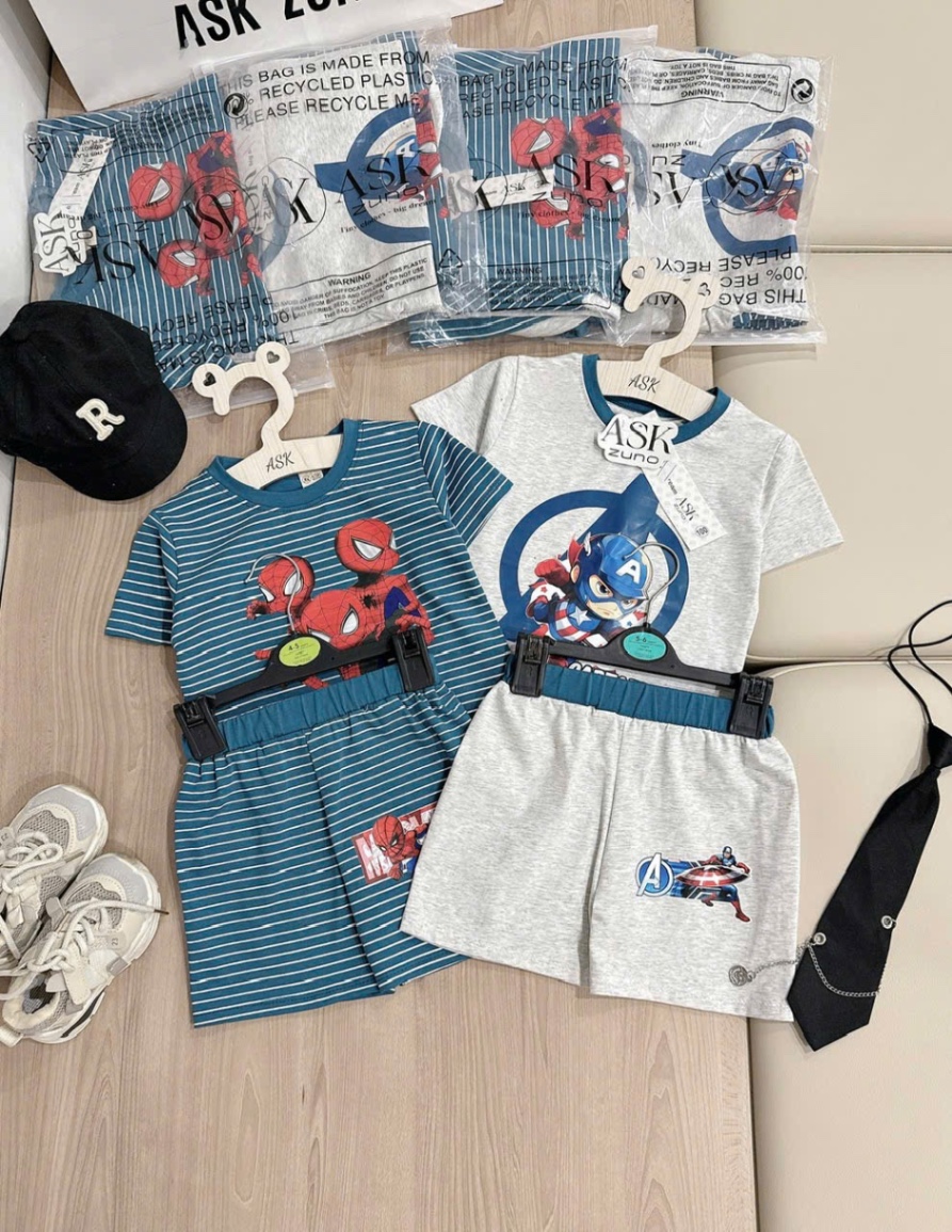 T066 - SET 2 BỘ ĐÙI BÉ TRAI SPIDERMAN kẻ xanh ghi