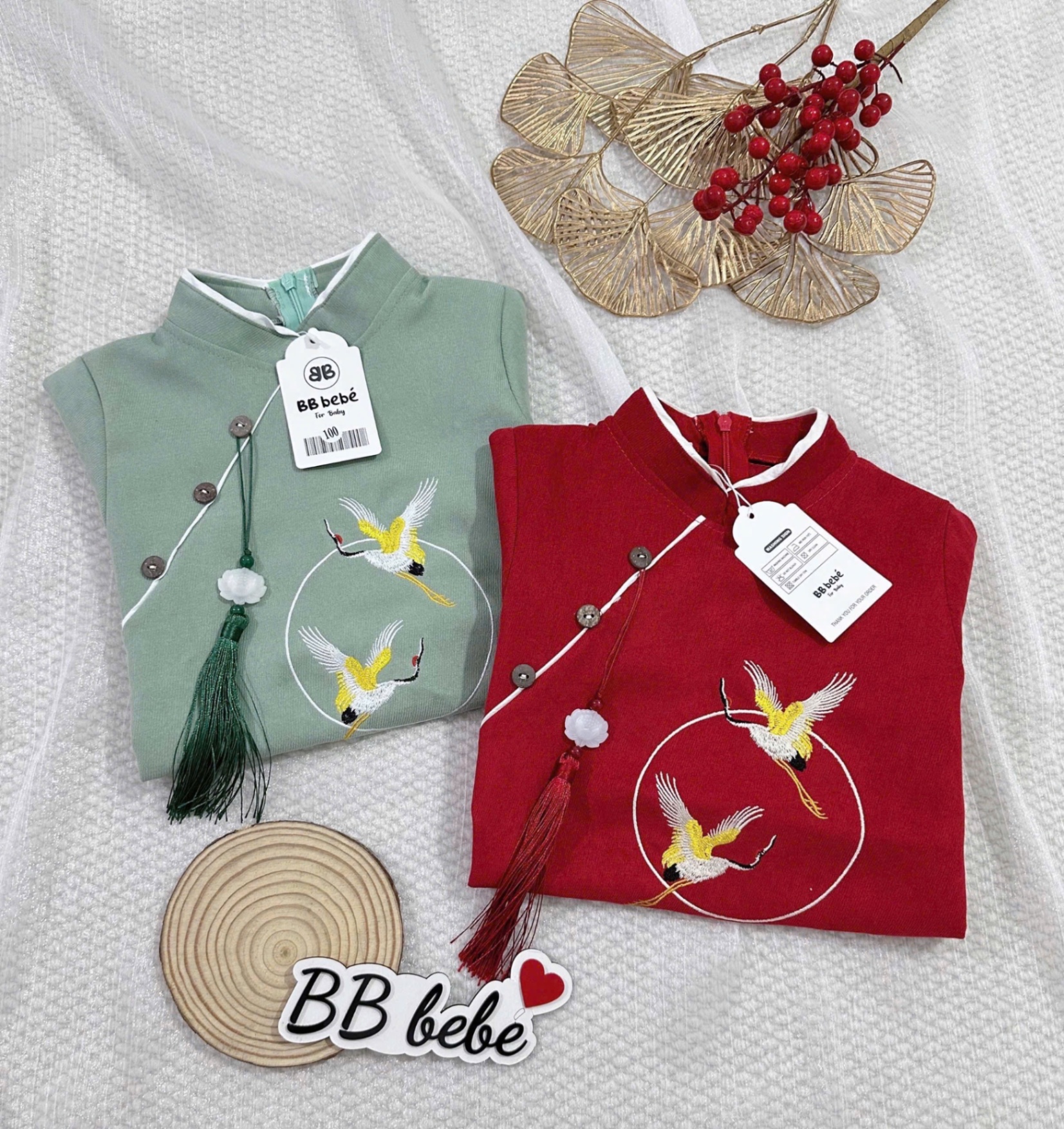 T057 - SET ÁO DÀI BÉ TRAI XANH ĐỎ THÊU HẠC