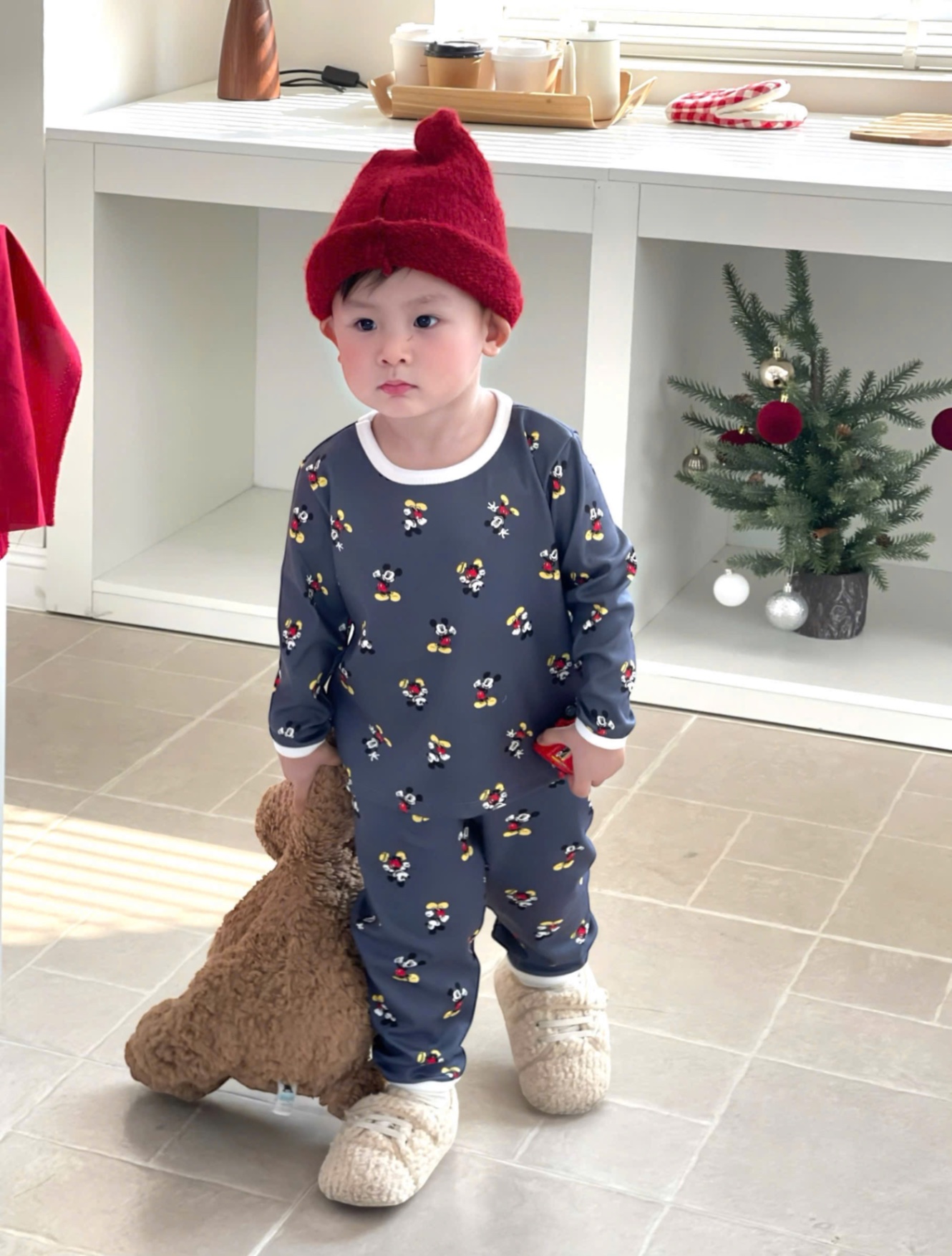 T060 - SET 2 BỘ BÉ ZIP LÔNG MICKEY NEWYEAR đỏ xám