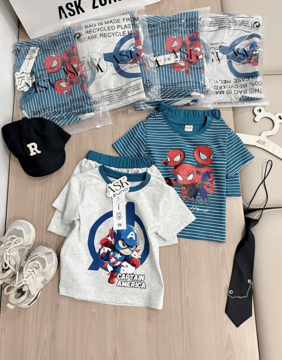 T066 - SET 2 BỘ ĐÙI BÉ TRAI SPIDERMAN kẻ xanh ghi