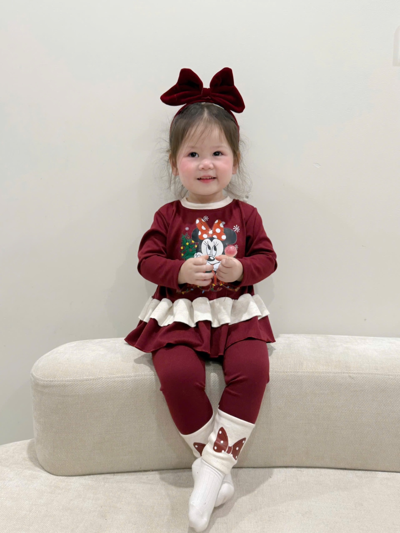 G851 - BỘ BÉ GÁI TĂM THỎ ĐỎ MICKEY MINNIE CHRISTMAS