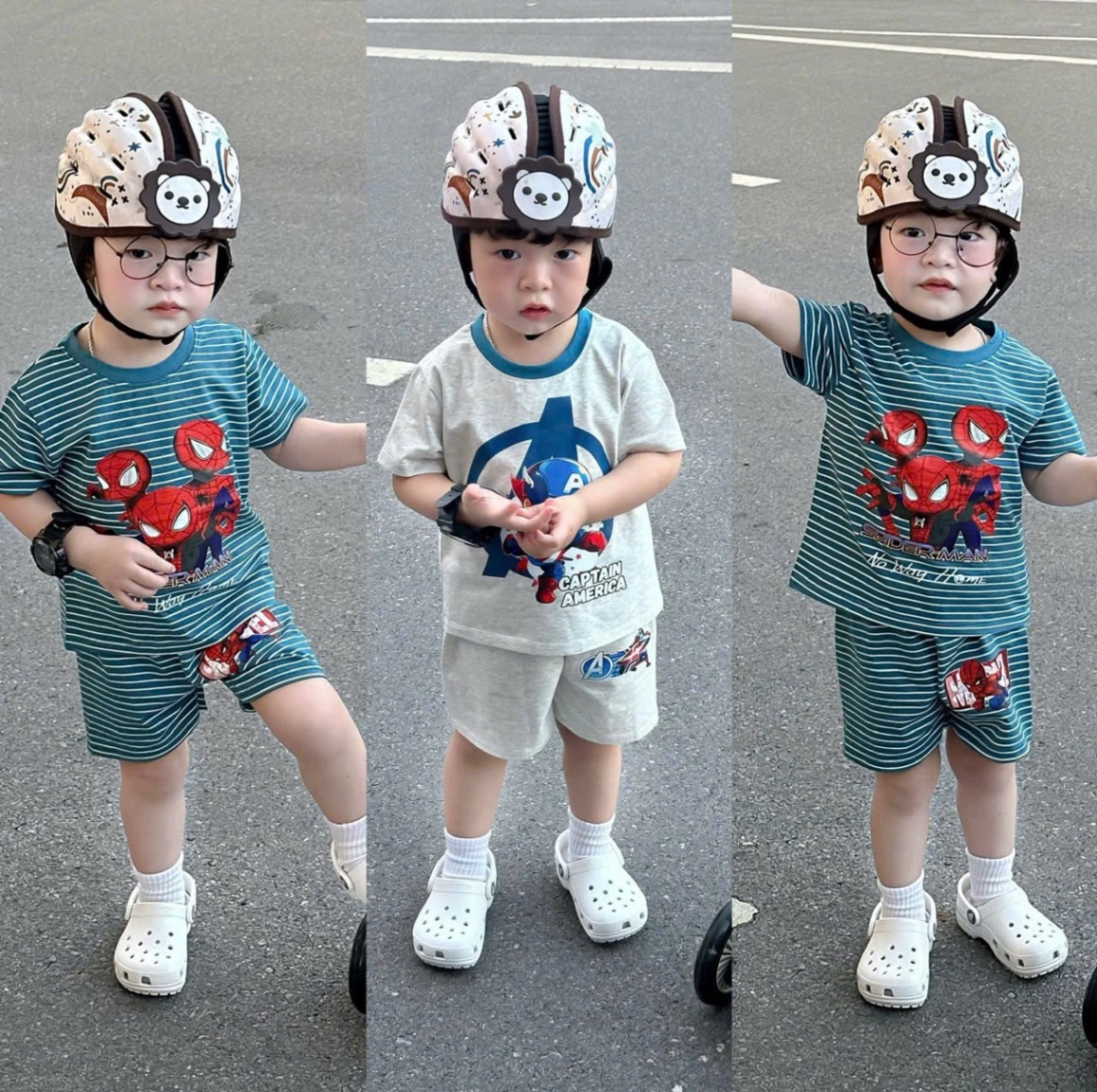 T066 - SET 2 BỘ ĐÙI BÉ TRAI SPIDERMAN kẻ xanh ghi