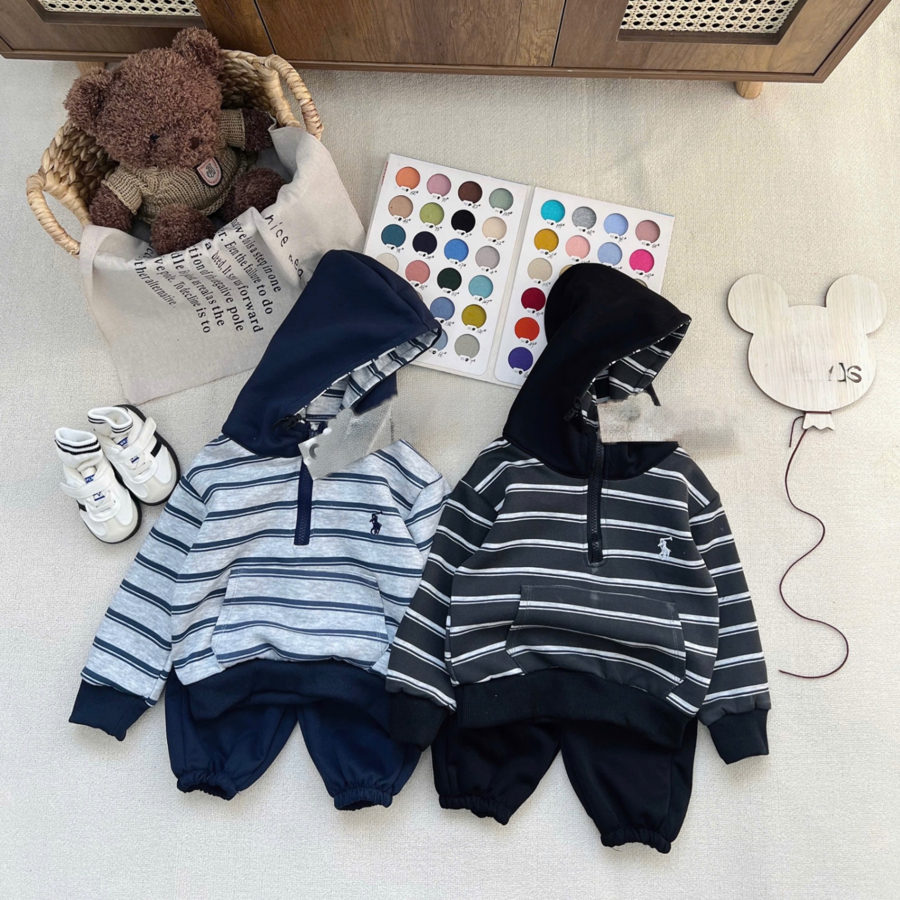 T063 - BỘ NỈ BÉ TRAI HOODIE MŨ KẺ CỔ KHOÁ KỊ SĨ
