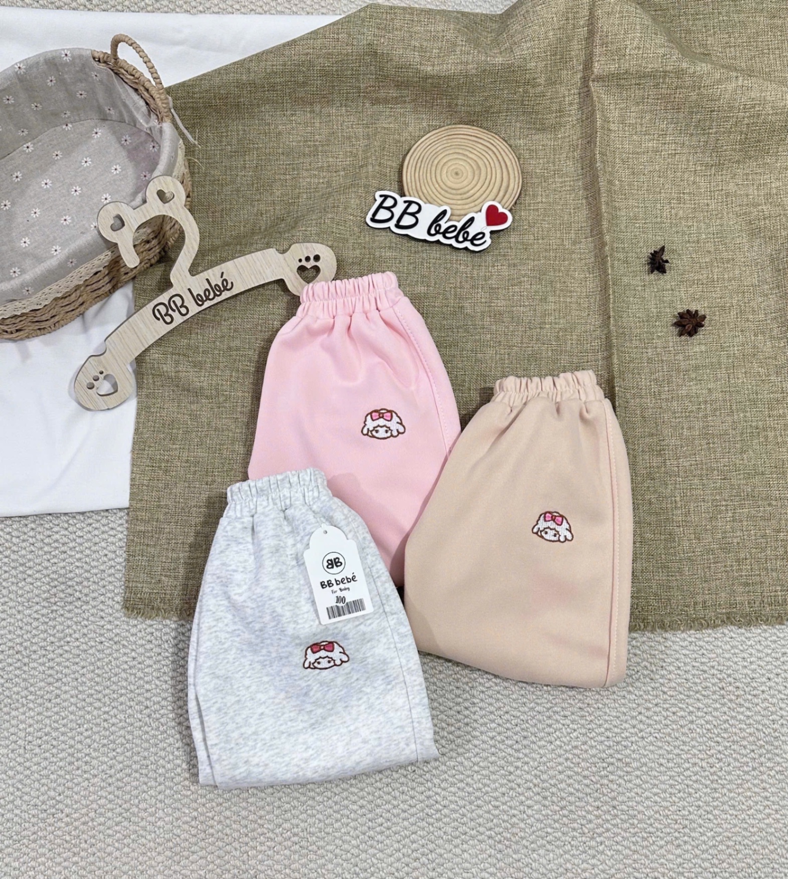 QB363 - SET 3 QUẦN BÉ GÁI HAIDA DÀY THÊU hồng be ghi