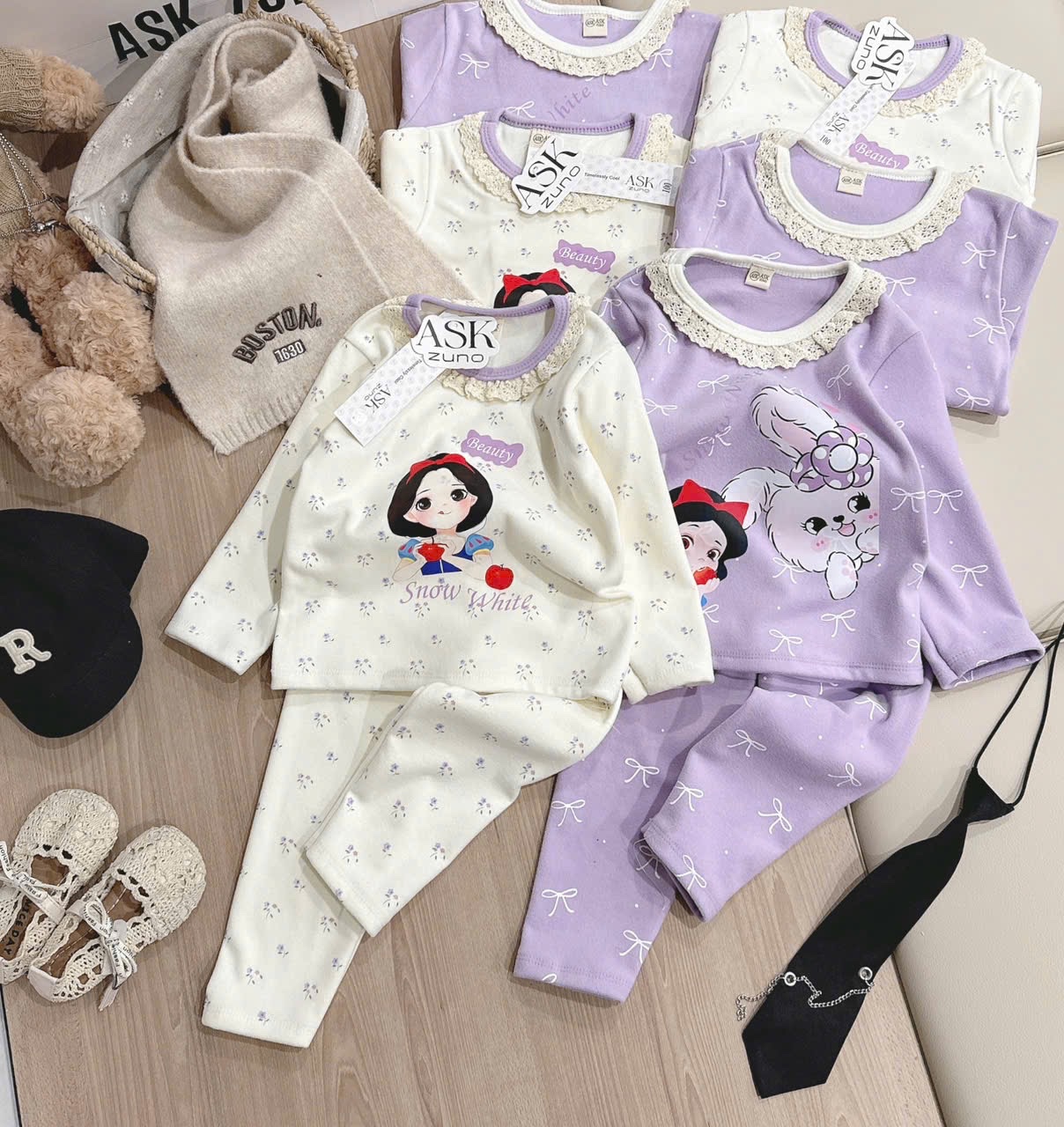 G845 - SET 2 BỘ BÉ GÁI ZIP LÔNG CỔ REN BẠCH TUYẾT HOA NHÍ