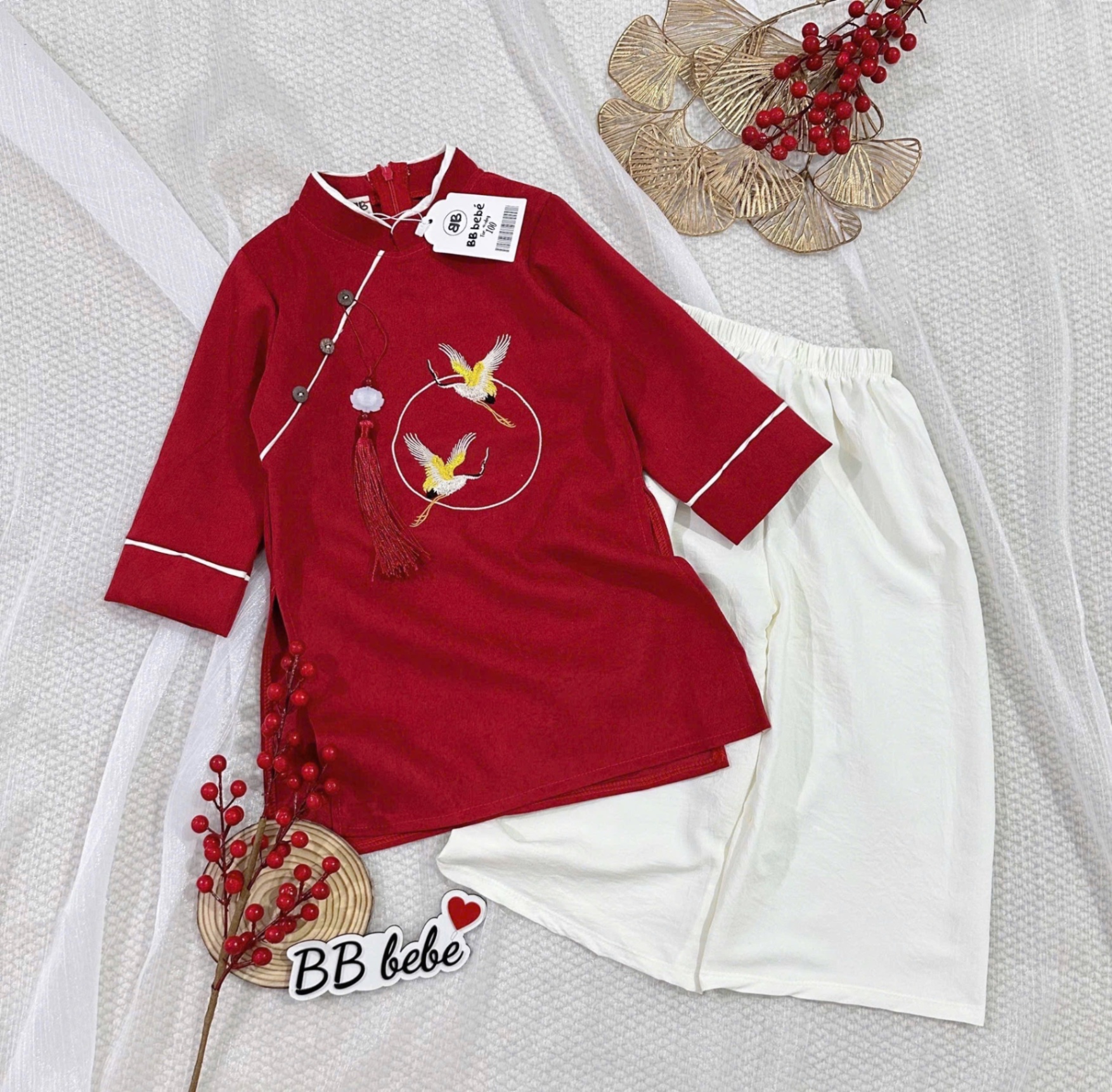 T057 - SET ÁO DÀI BÉ TRAI XANH ĐỎ THÊU HẠC
