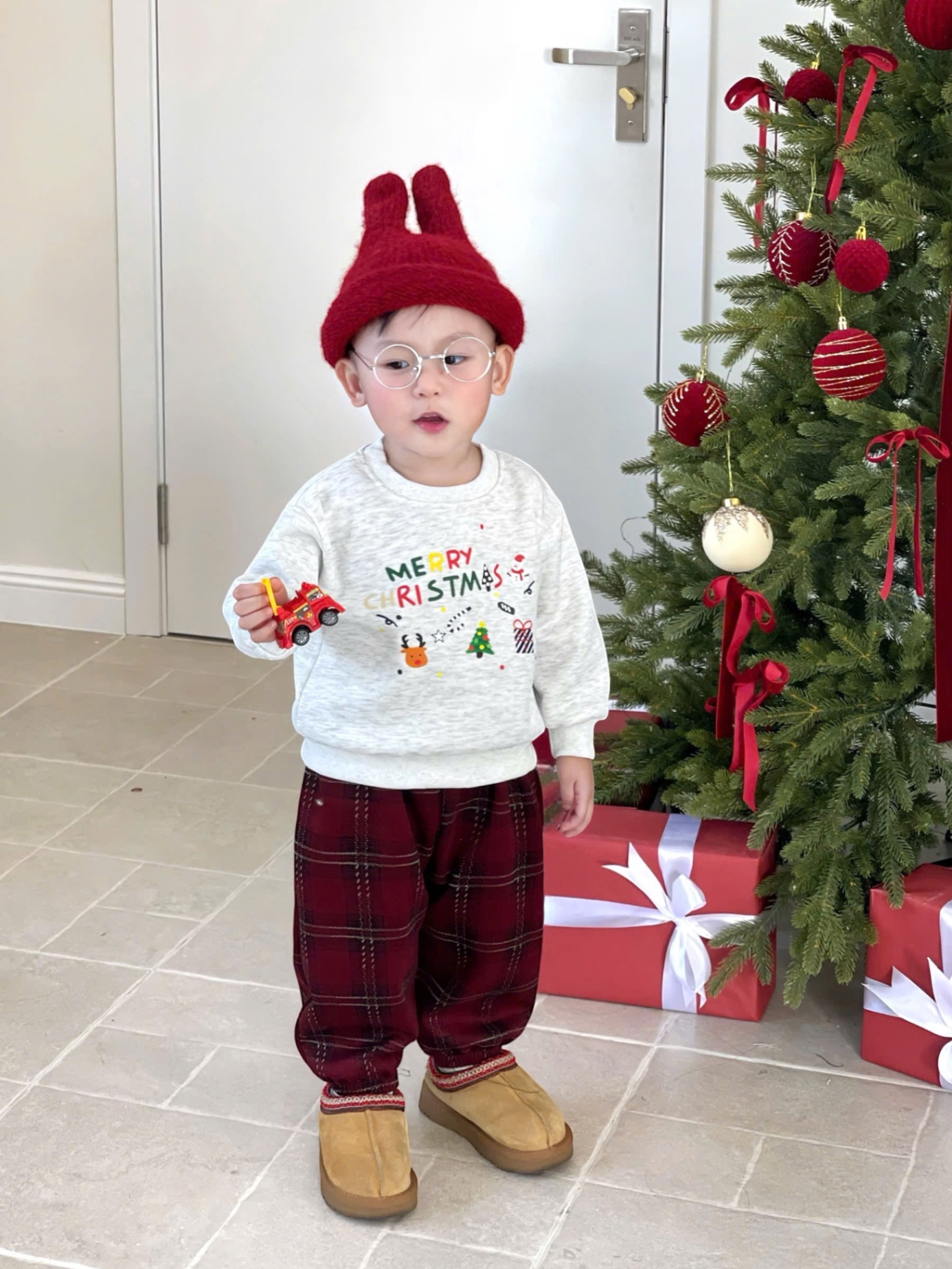T058 - BỘ NỈ BÉ TRAI HAIDA MERRY CHRISTMAS QUẦN DẠ KẺ