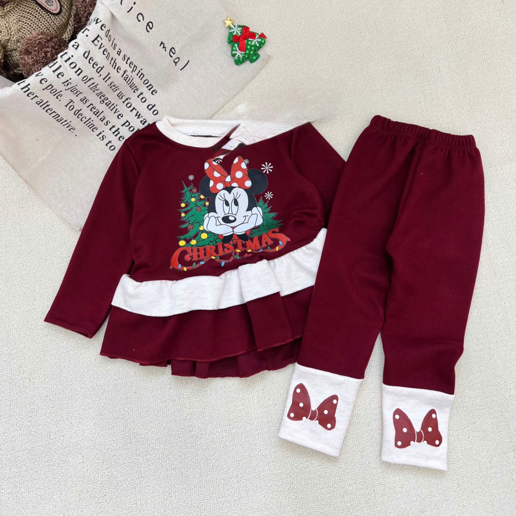 G851 - BỘ BÉ GÁI TĂM THỎ ĐỎ MICKEY MINNIE CHRISTMAS