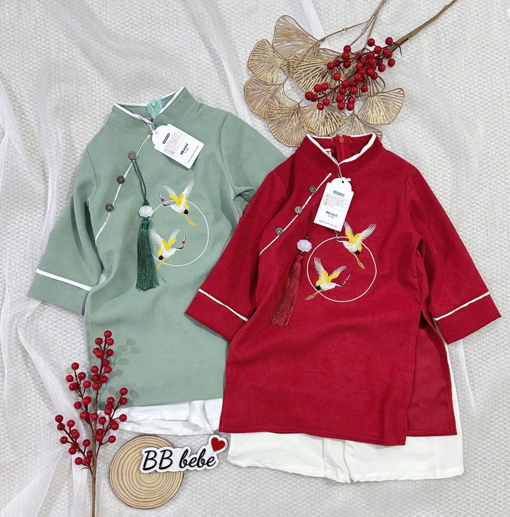 T057 - SET ÁO DÀI BÉ TRAI XANH ĐỎ THÊU HẠC