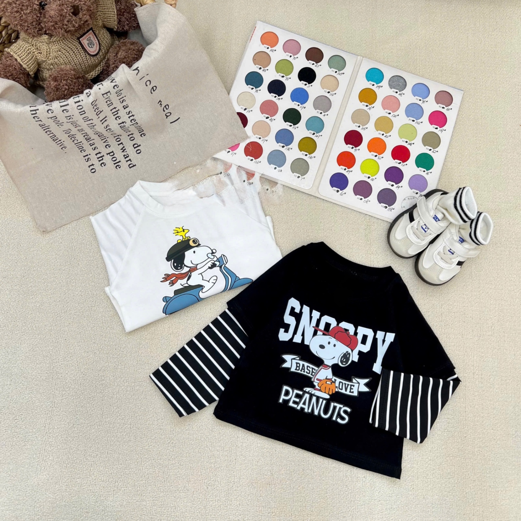 AB844 - SET 2 ÁO BÉ TRAI SNOOPY TAY KẺ đen trắng