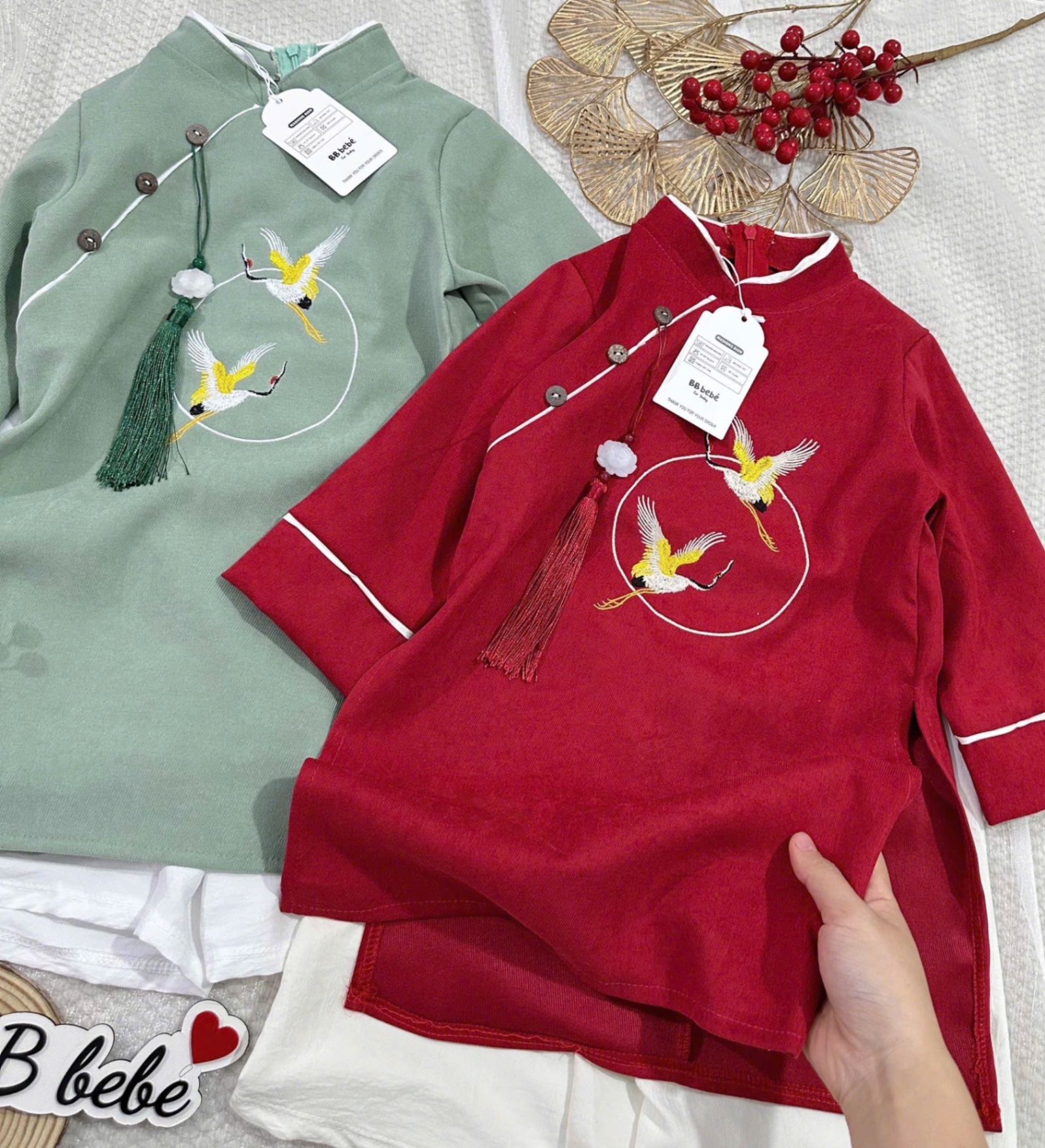 T057 - SET ÁO DÀI BÉ TRAI XANH ĐỎ THÊU HẠC