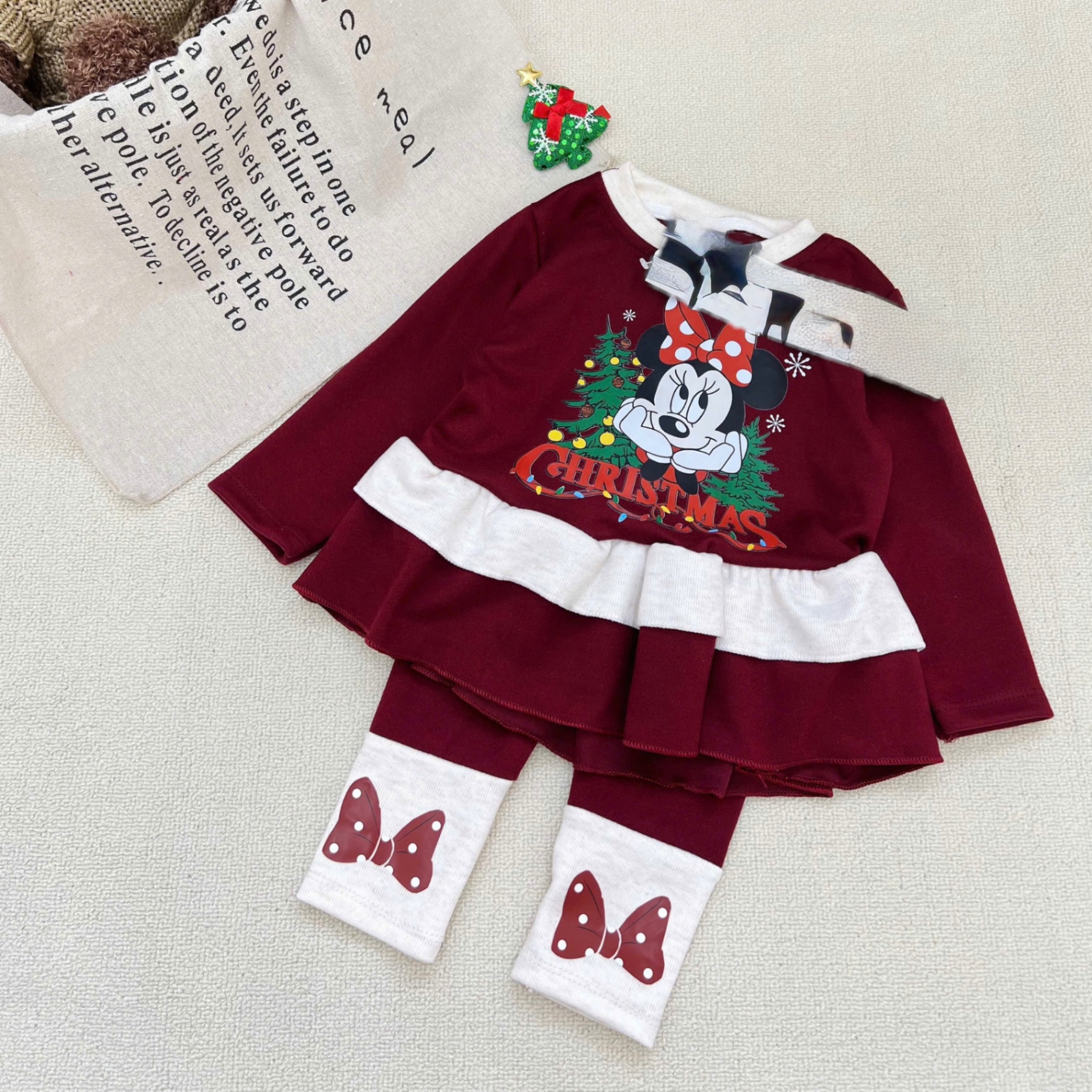 G851 - BỘ BÉ GÁI TĂM THỎ ĐỎ MICKEY MINNIE CHRISTMAS