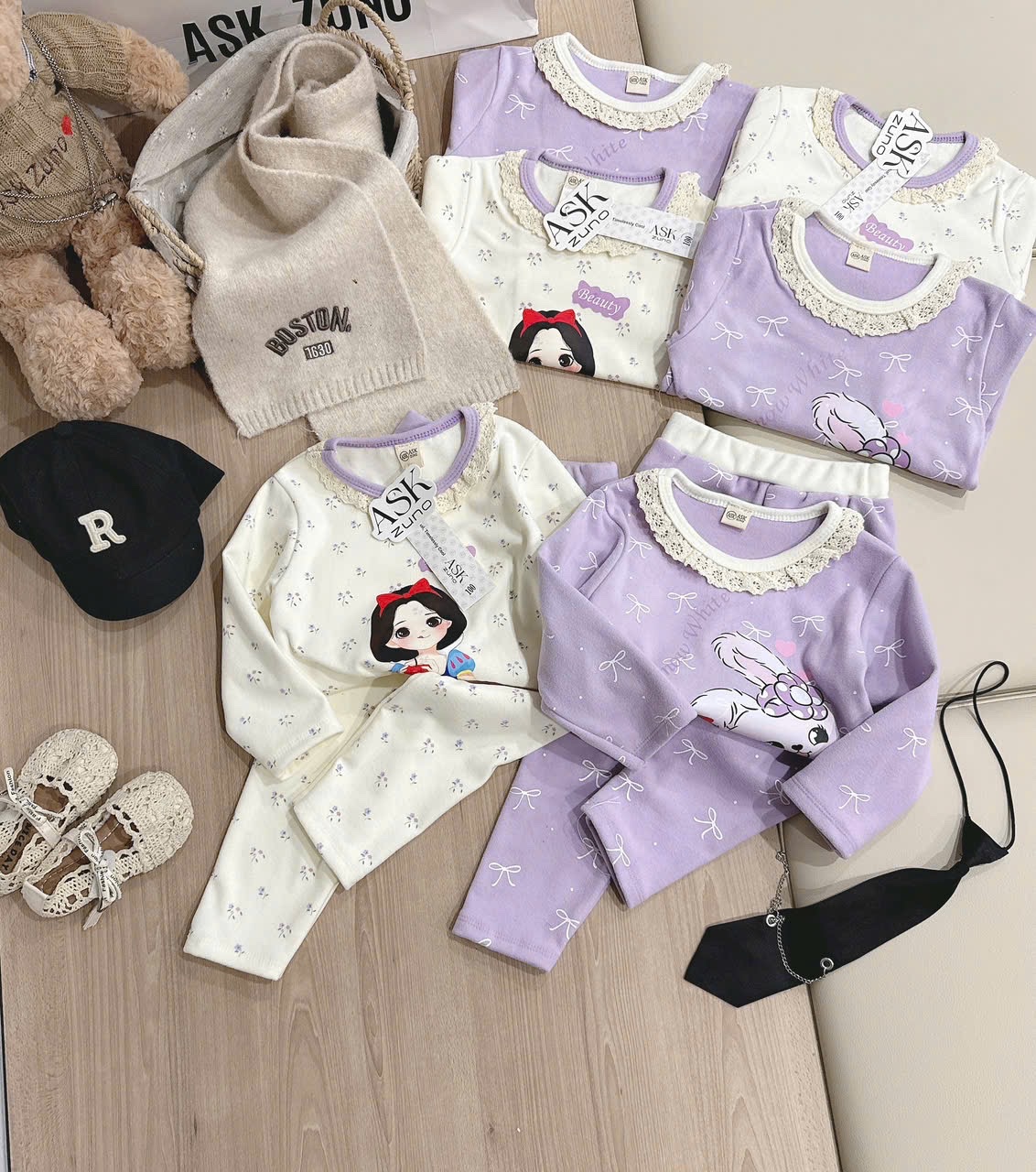 G845 - SET 2 BỘ BÉ GÁI ZIP LÔNG CỔ REN BẠCH TUYẾT HOA NHÍ