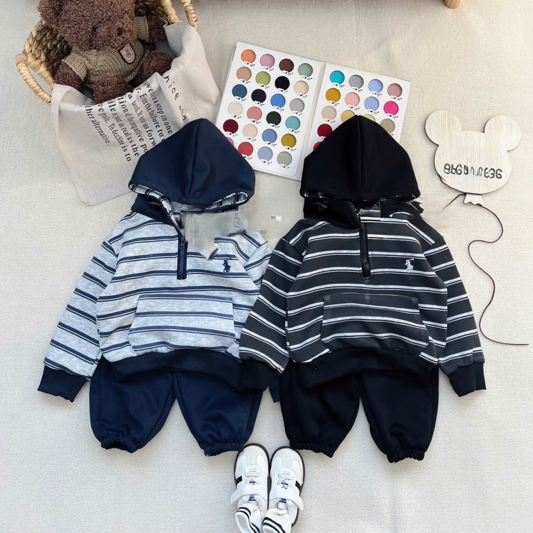 T063 - BỘ NỈ BÉ TRAI HOODIE MŨ KẺ CỔ KHOÁ KỊ SĨ