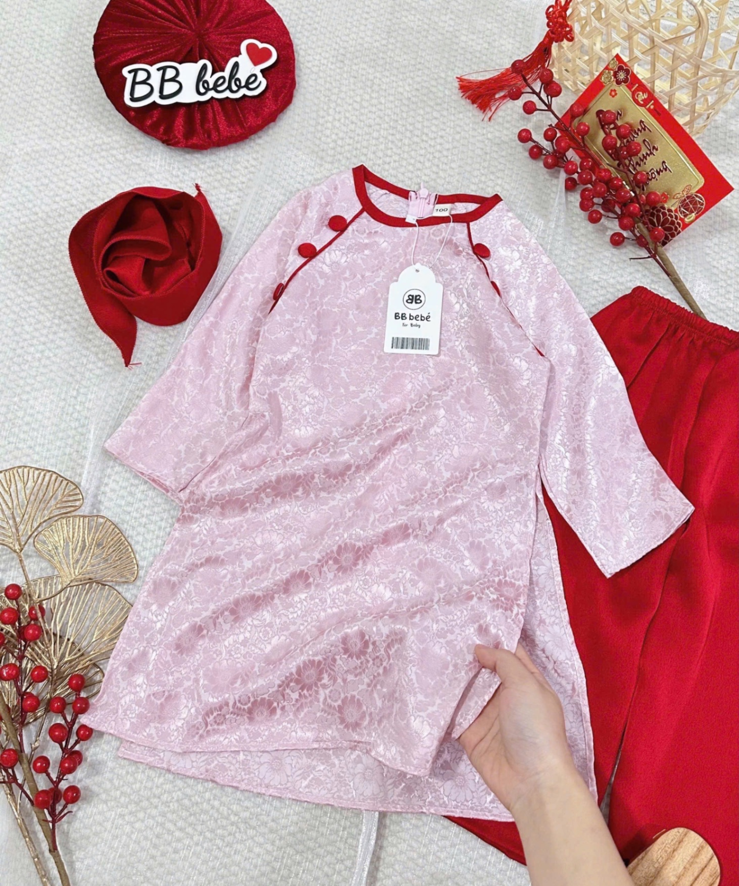 G853 - SET ÁO DÀI BÉ GÁI VÂN LỤA HOA HỒNG QUẦN ĐỎ