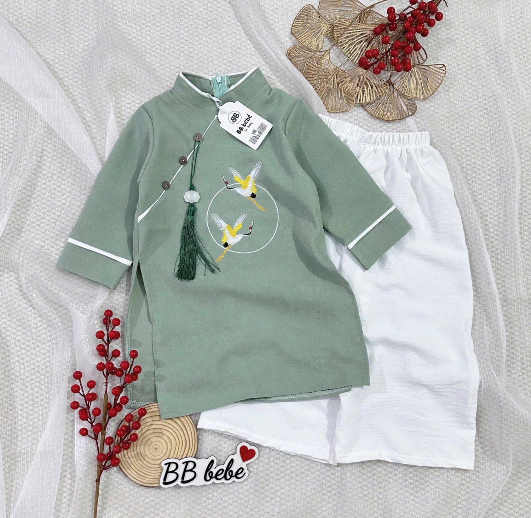T057 - SET ÁO DÀI BÉ TRAI XANH ĐỎ THÊU HẠC