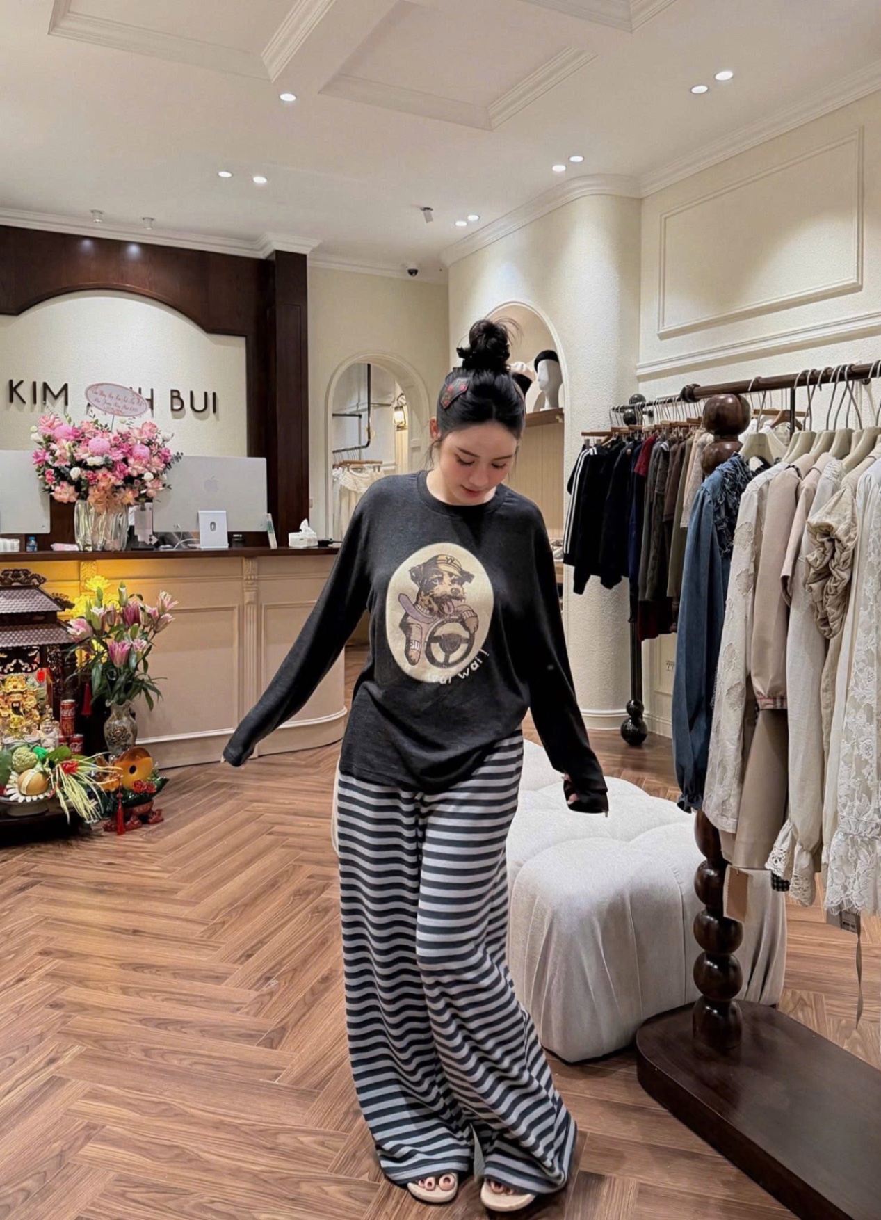 S238 - BỘ NỮ NỈ LENZIP XÁM CHÓ QUẦN KẺ NGANG