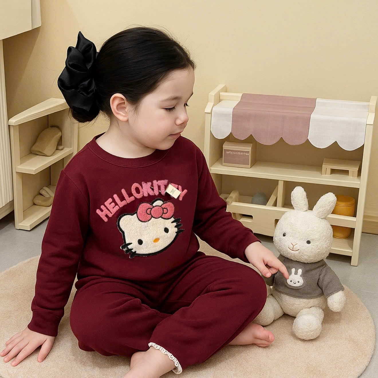 G847 - BỘ BÉ GÁI TĂM THỎ THÊU KITTY XÙ QUẦN BOM REN