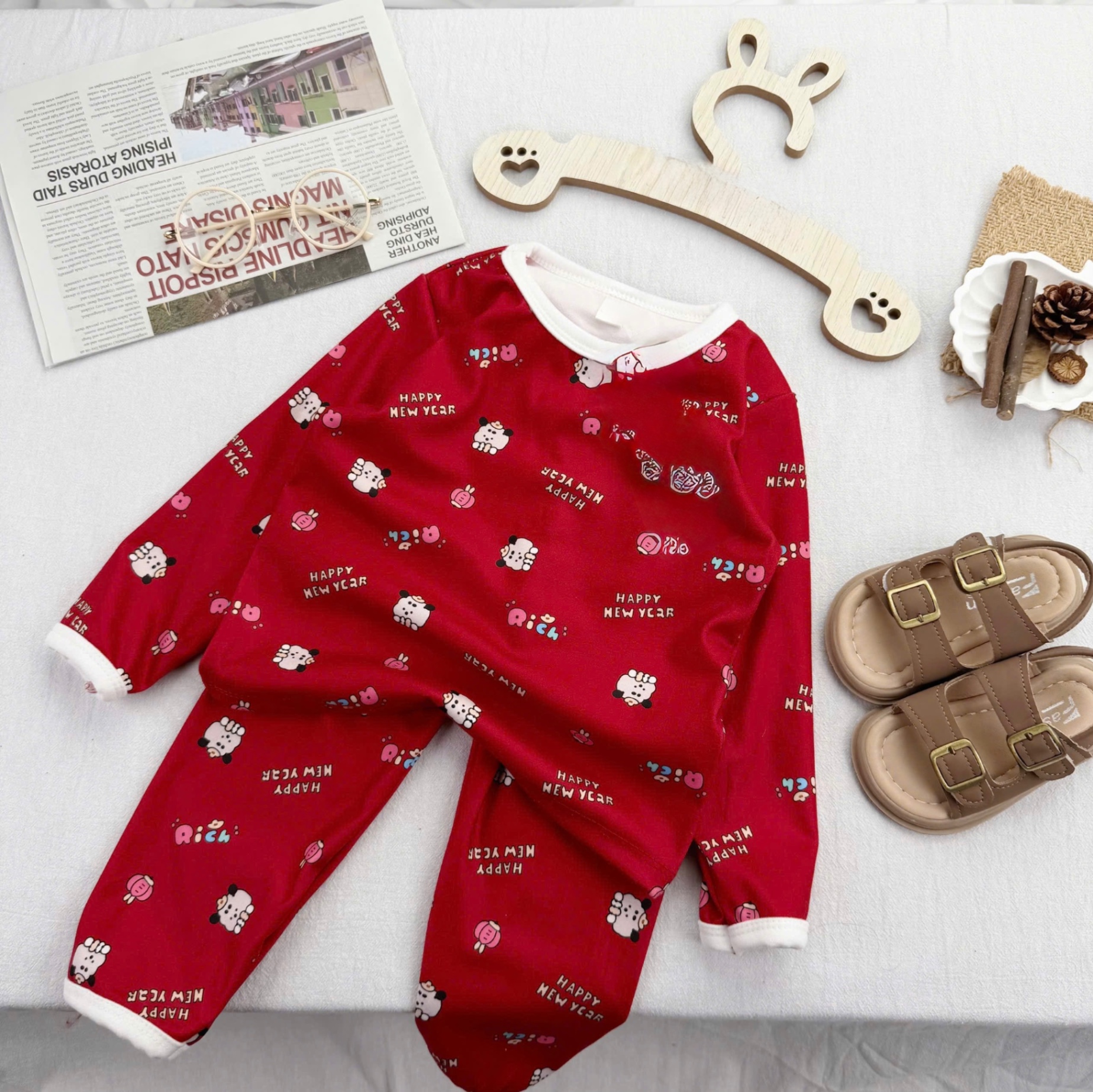 T060 - SET 2 BỘ BÉ ZIP LÔNG MICKEY NEWYEAR đỏ xám