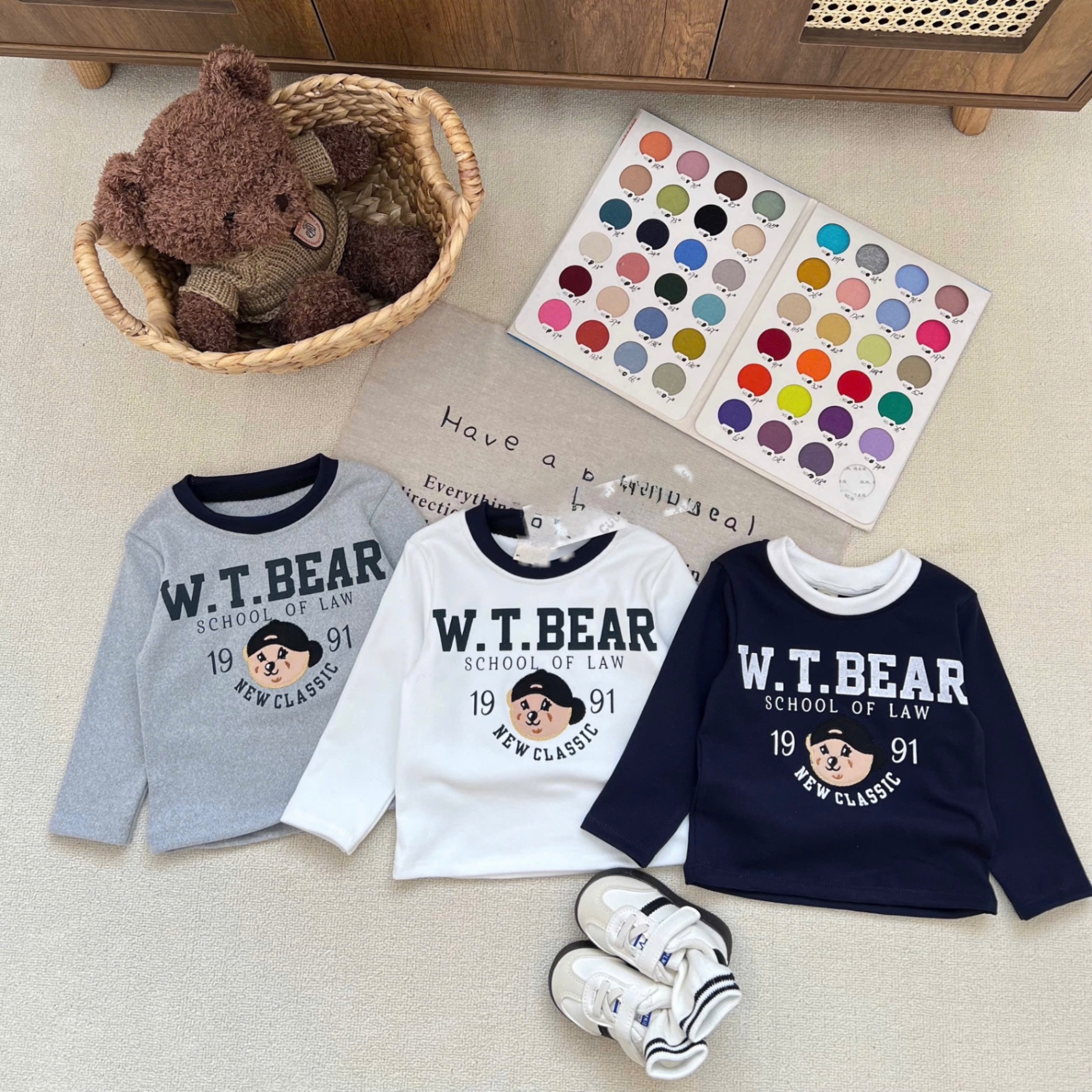 AB846 - SET 3 ÁO BÉ TRAI ZIP LÔNG GẤU BEAR than ghi trắng