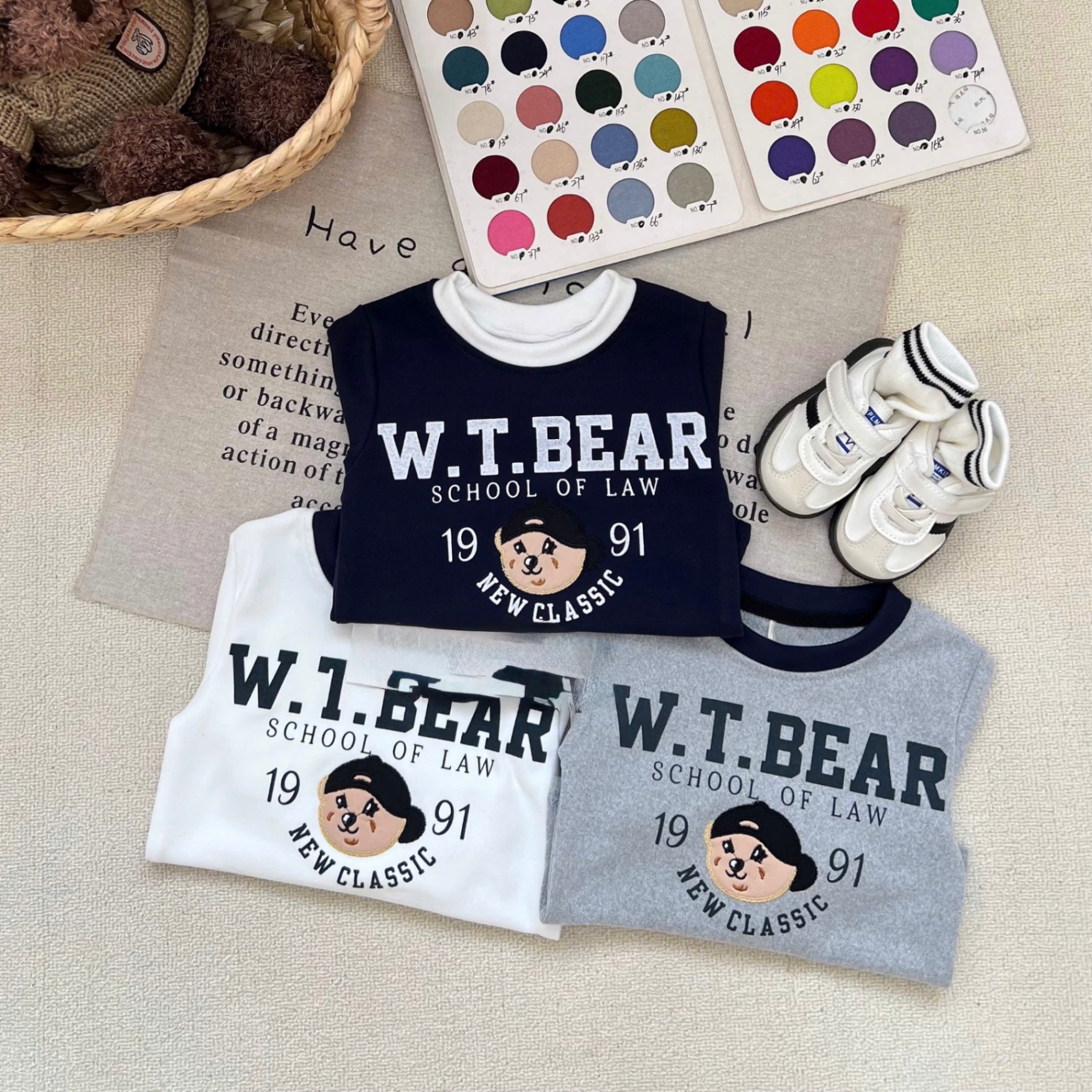 AB846 - SET 3 ÁO BÉ TRAI ZIP LÔNG GẤU BEAR than ghi trắng