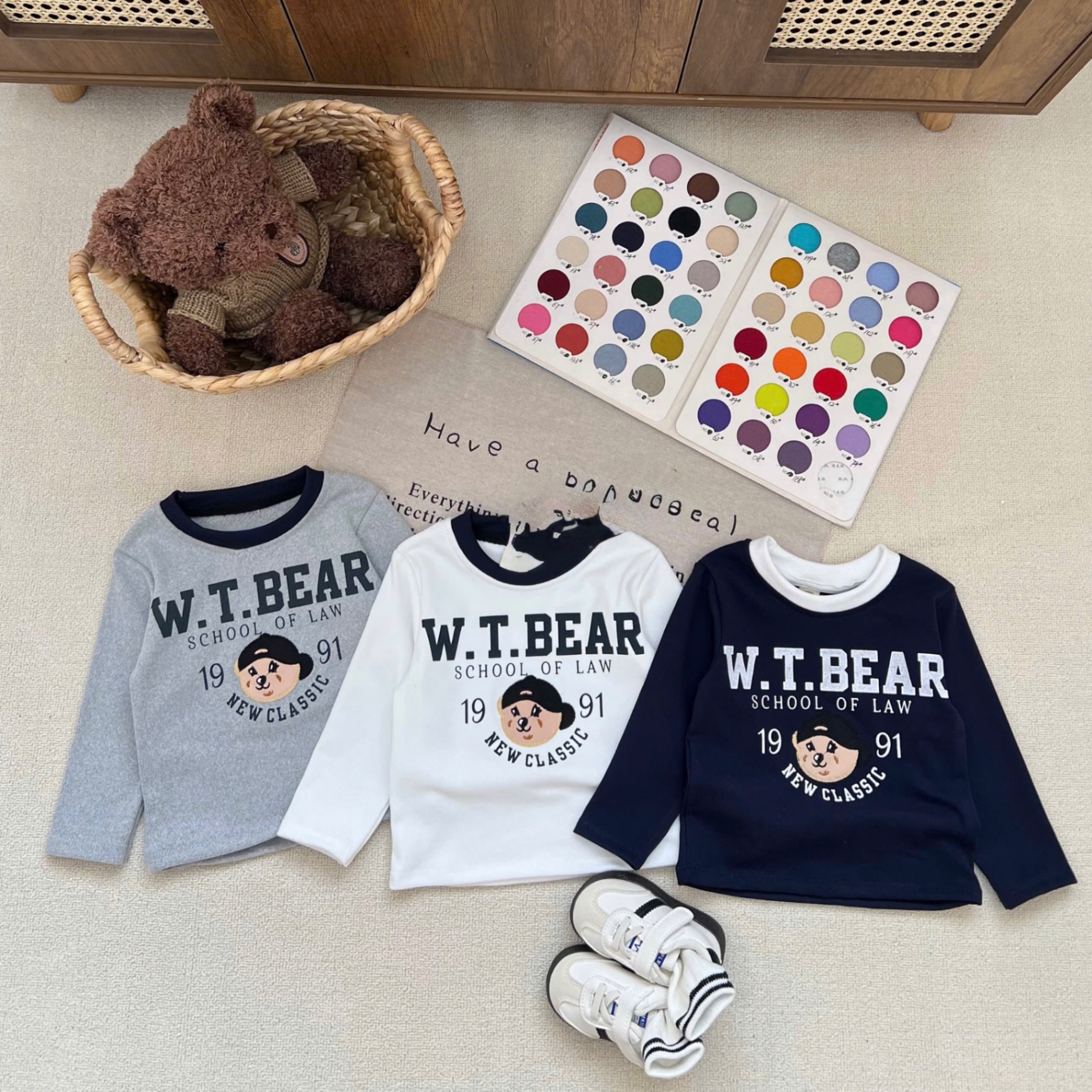 AB846 - SET 3 ÁO BÉ TRAI ZIP LÔNG GẤU BEAR than ghi trắng