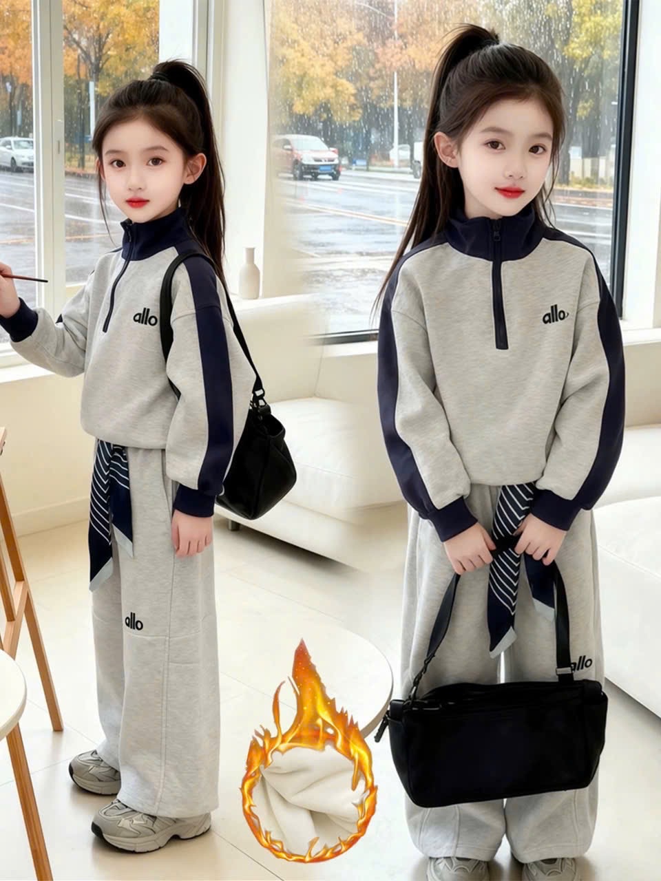 G857 - BỘ NỈ BÉ GÁI XÁM PHỐI THAN alo CỔ KHOÁ