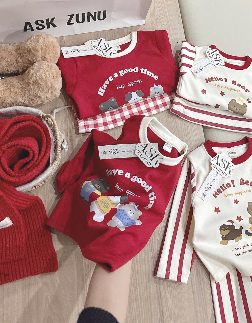 T073 - SET 2 BỘ BÉ TRAI ZIP LÔNG GẤU Hello Bear Good time đỏ be