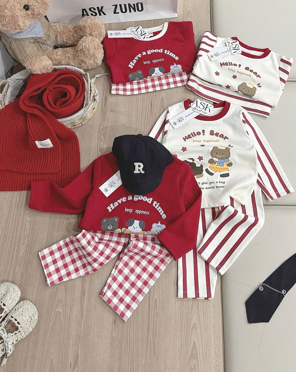 T073 - SET 2 BỘ BÉ TRAI ZIP LÔNG GẤU Hello Bear Good time đỏ be