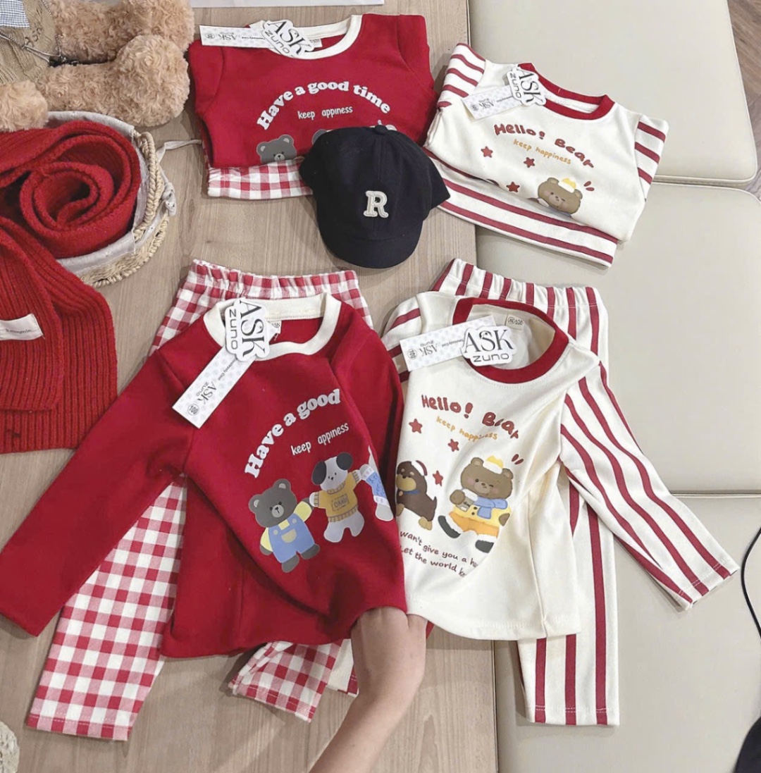 T073 - SET 2 BỘ BÉ TRAI ZIP LÔNG GẤU Hello Bear Good time đỏ be