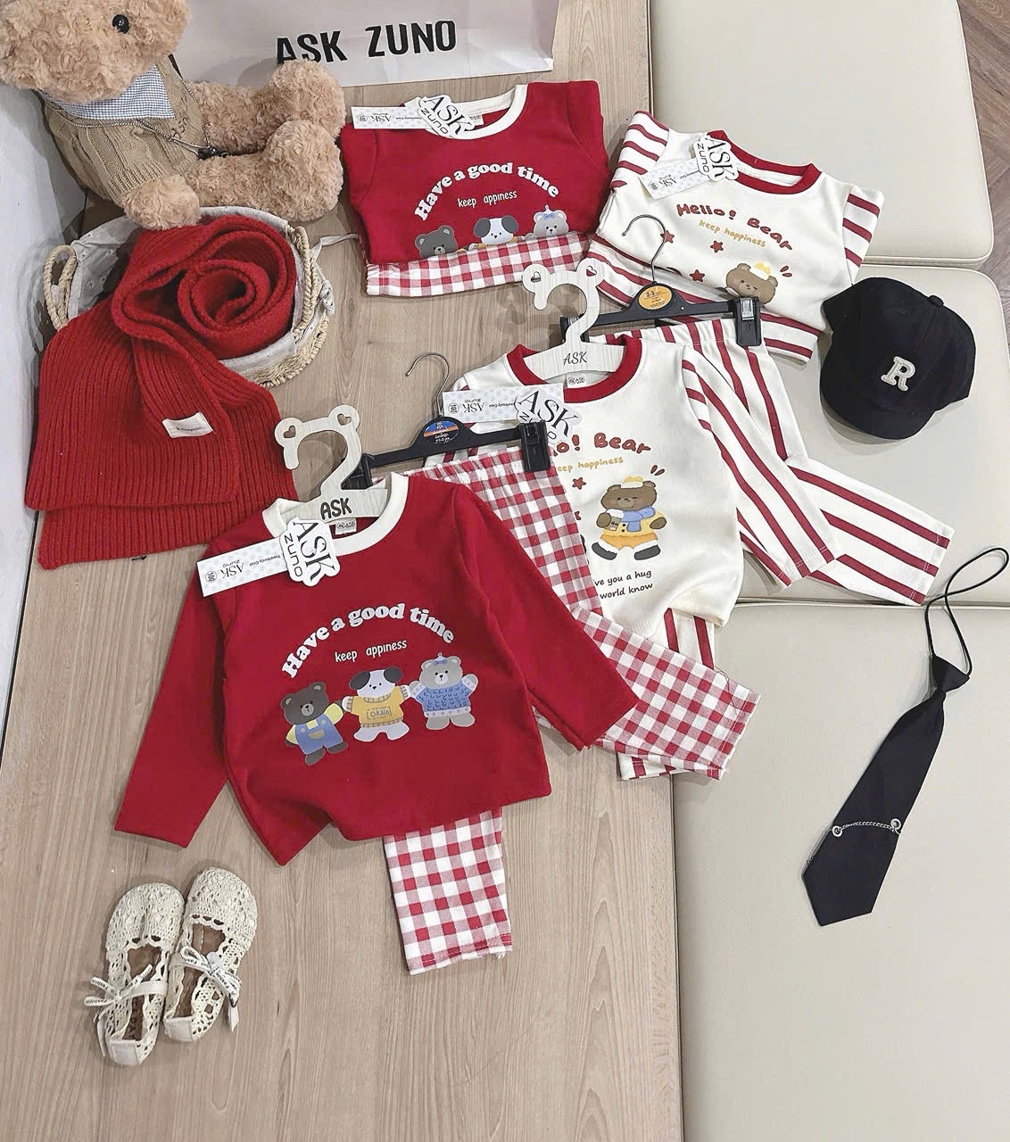 T073 - SET 2 BỘ BÉ TRAI ZIP LÔNG GẤU Hello Bear Good time đỏ be