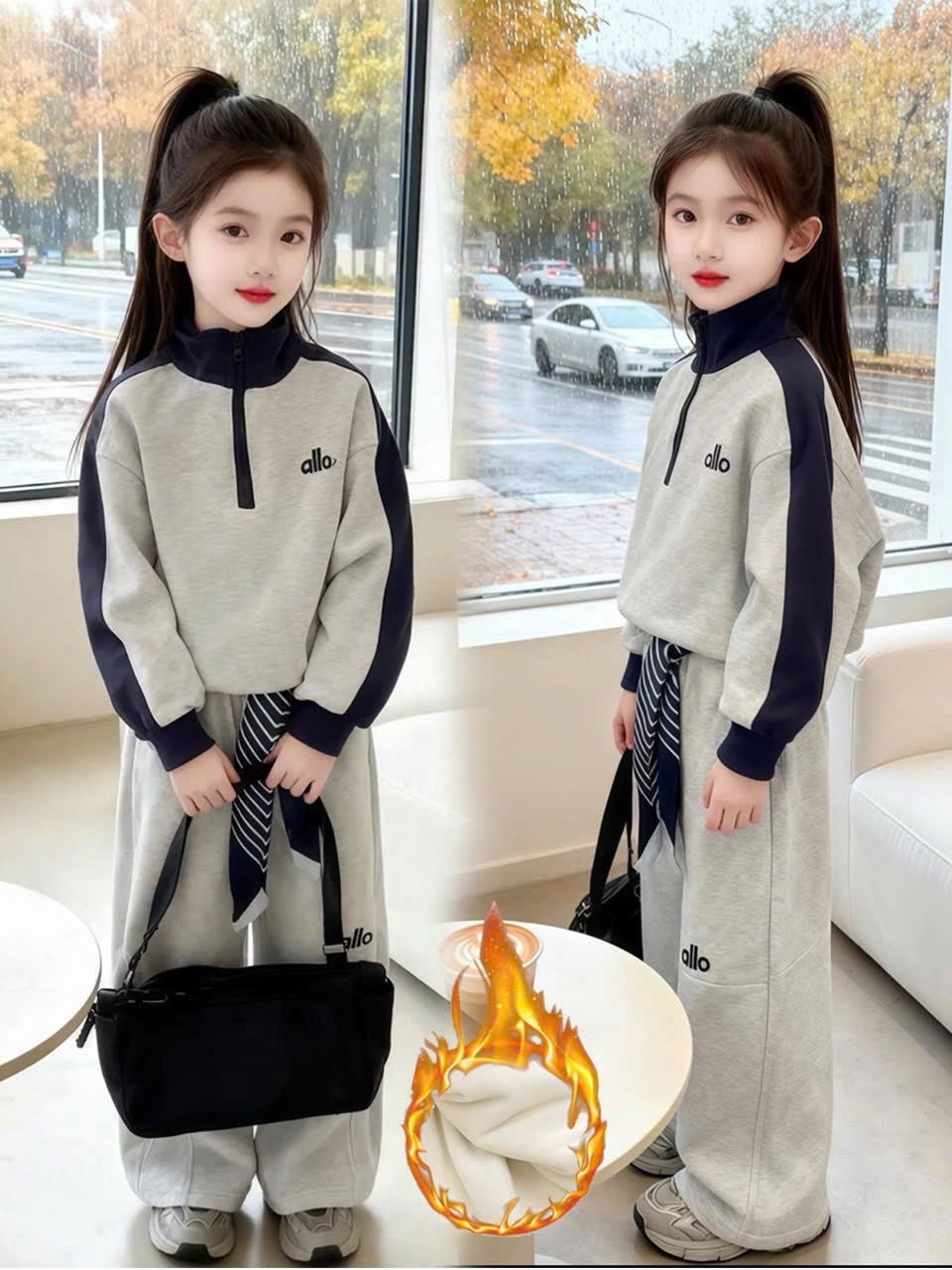 G857 - BỘ NỈ BÉ GÁI XÁM PHỐI THAN alo CỔ KHOÁ