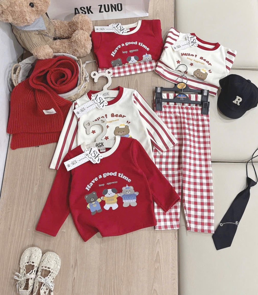 T073 - SET 2 BỘ BÉ TRAI ZIP LÔNG GẤU Hello Bear Good time đỏ be