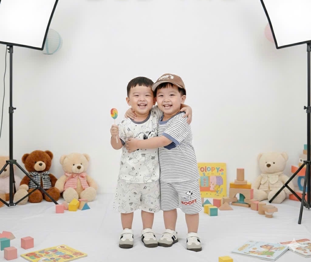 T076 - SET 2 BỘ ĐÙI BÉ TRAI SNOOPY xanh kẻ