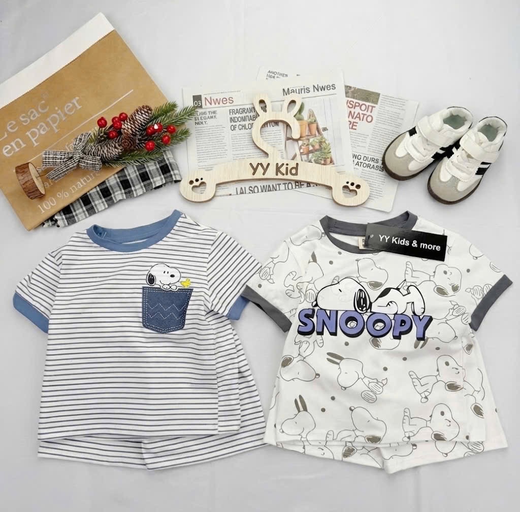 T076 - SET 2 BỘ ĐÙI BÉ TRAI SNOOPY xanh kẻ