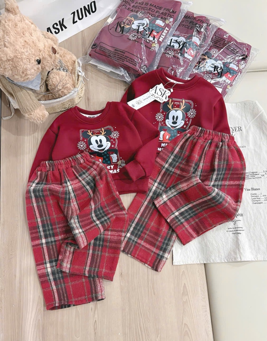T079 - BỘ NỈ BÉ TRAI HAIDA ĐỎ MICKEY CHRISTMAS QUẦN DẠ KẺ