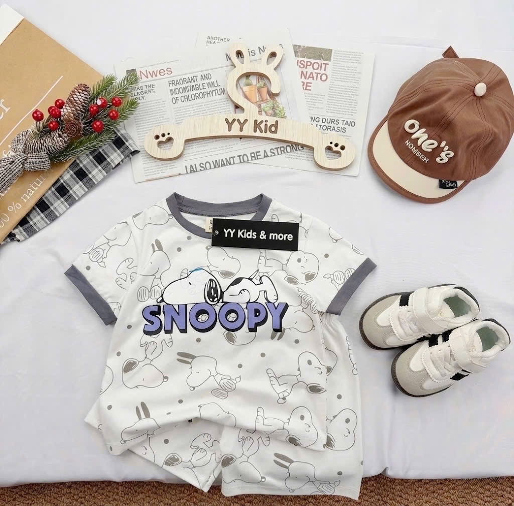 T076 - SET 2 BỘ ĐÙI BÉ TRAI SNOOPY xanh kẻ