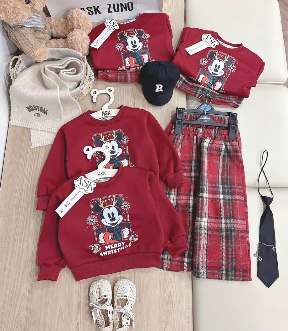 T079 - BỘ NỈ BÉ TRAI HAIDA ĐỎ MICKEY CHRISTMAS QUẦN DẠ KẺ