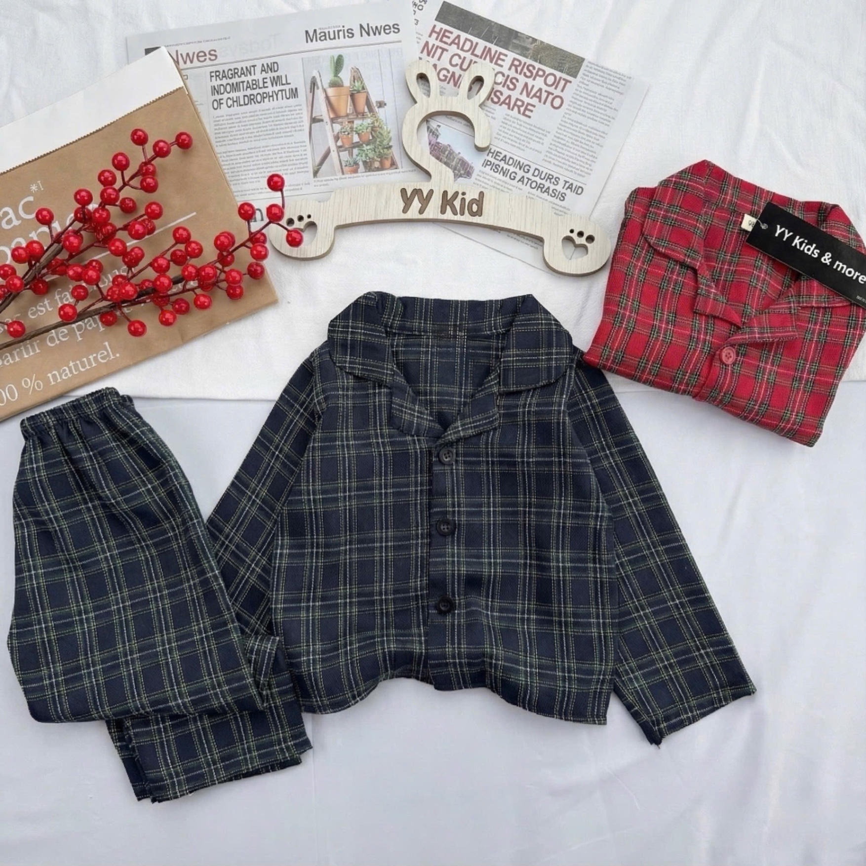 T078 - Set 2 BỘ BÉ TRAI PYJAMA KẺ CARO đen đỏ