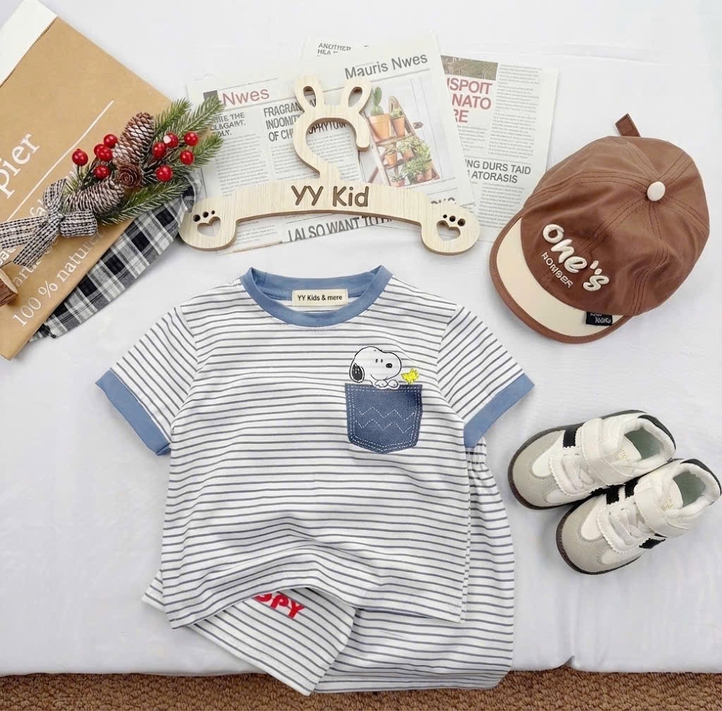T076 - SET 2 BỘ ĐÙI BÉ TRAI SNOOPY xanh kẻ